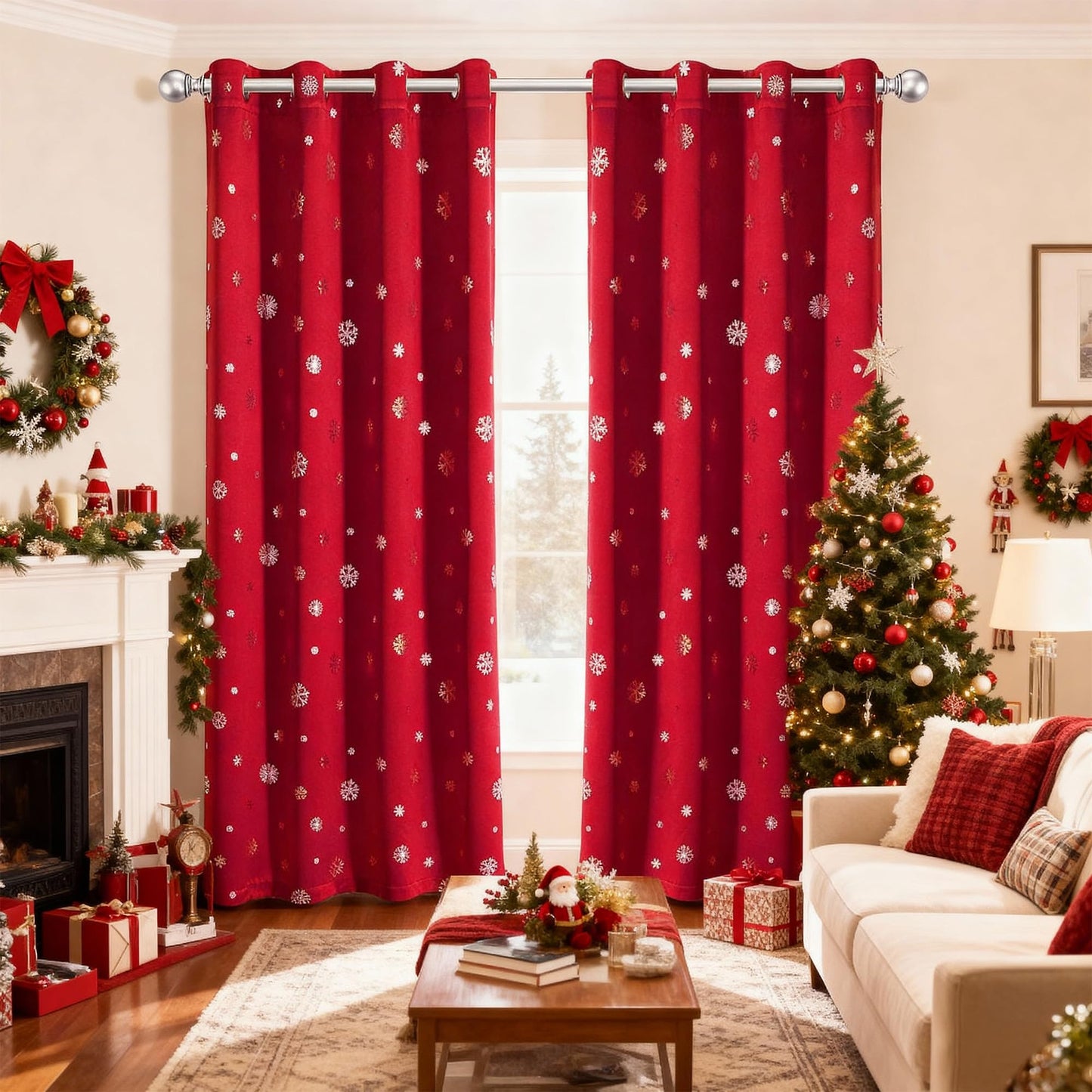 LORDTEX Snowflake Foil Print Christmas Curtains for Living Room and Bedroom - Thermal Insulated Blackout Curtains, Noise Reducing Window Drapes, 52 x 84 Inches Long, Red, Set of 2 Curtain Panels
