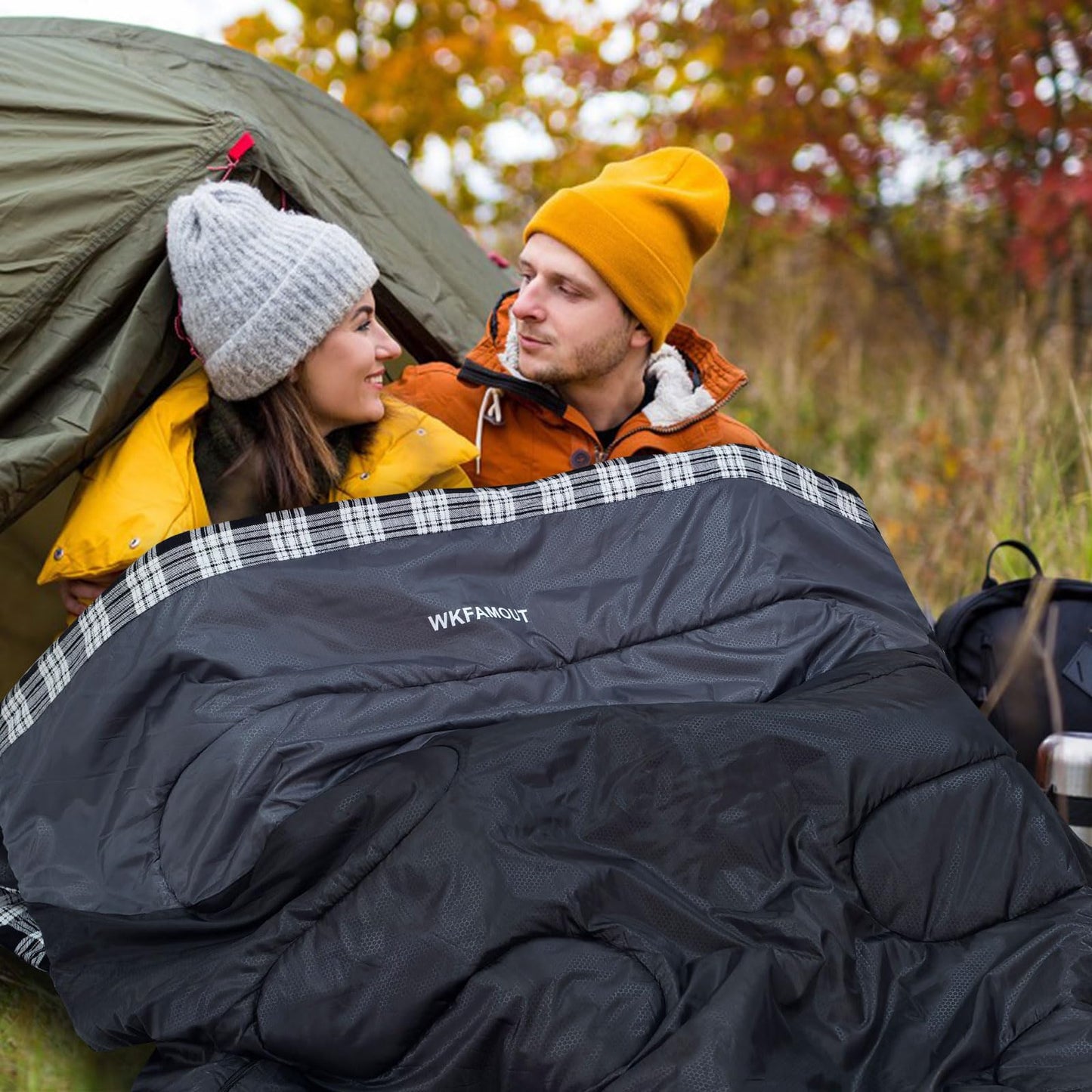 WKFAMOUT Cotton Flannel Double Sleeping Bag for Adults Machine Washable 2 Person Camping Sleeping Bag Queen Size Waterproof with Compression Sack for Cold Weather 3-4 Seasons