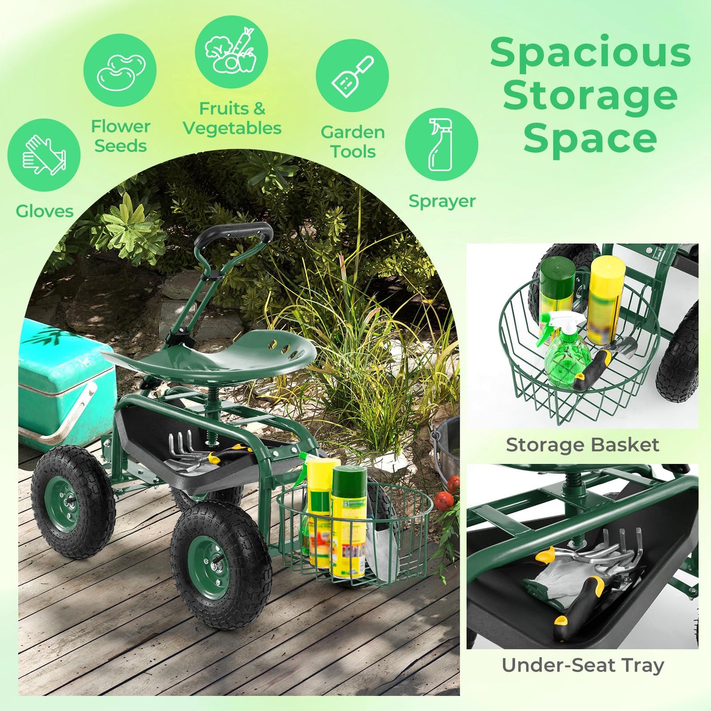 DORTALA Heavy Duty Garden Cart Work Seat w/360 Swivel Seat and Storage Basket, 4-Wheel Rolling Planting Cart w/Tool Tray Extendable Steering Handle Height Adjustable Seat for Gardening, Green