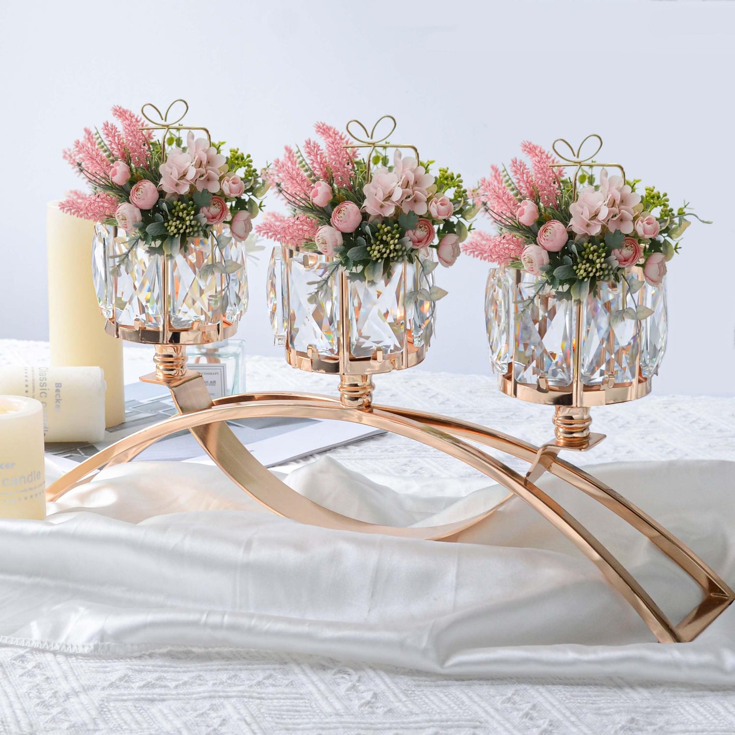 3 Arms Crystal Bowl Tealight Candelabra Votive Candle Stand, Candlestick Holders Wedding centerpieces for Tables Crystal Candlestick，Centerpiece Table Decorations (Gold)