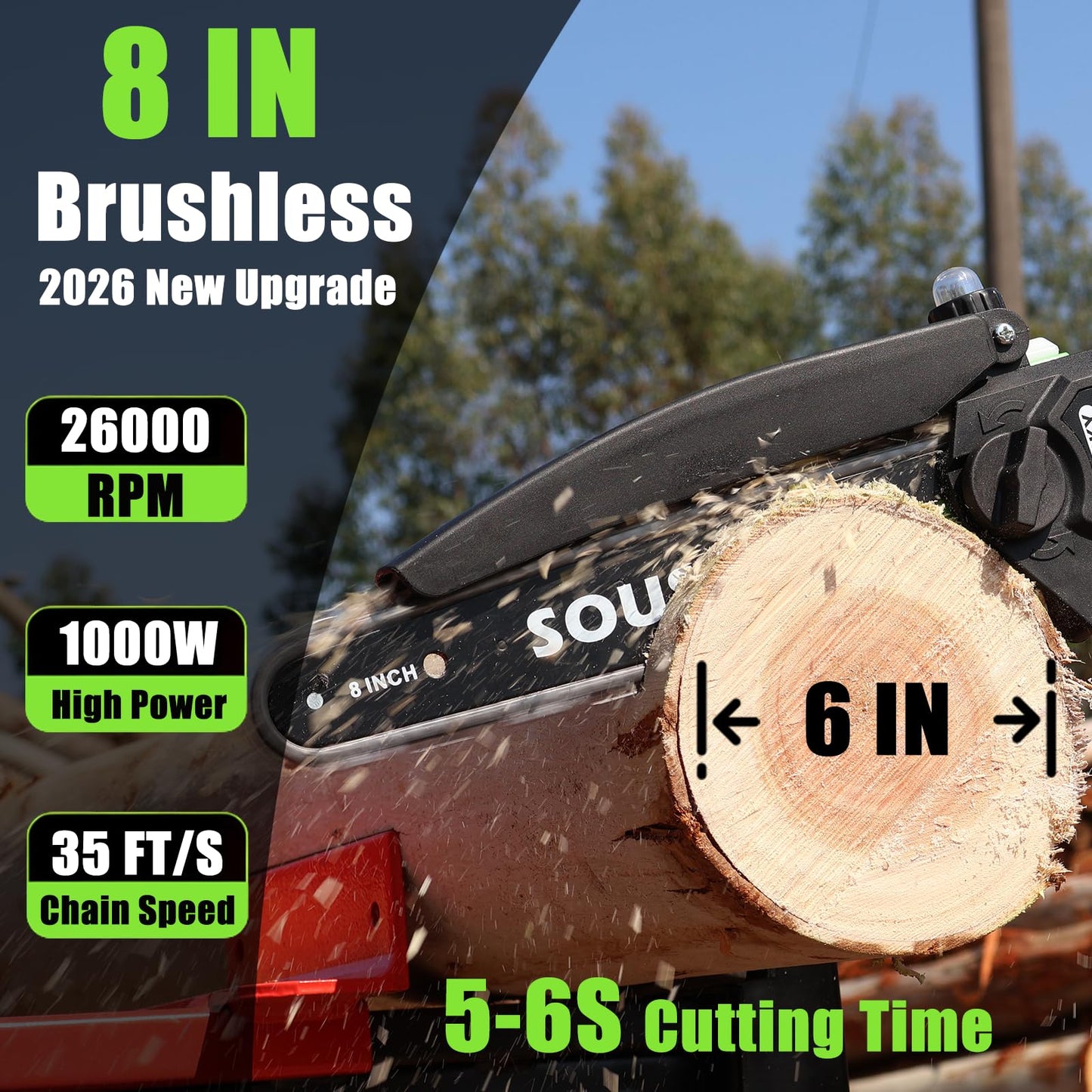 SOUSKY 8 Inch Brushless Mini Chainsaw Cordless, High-Power Battery Chainsaw with 2×4000mAh Batteries, Electric Handheld Power Chain Saw for Tree Trimming Wood Cutting