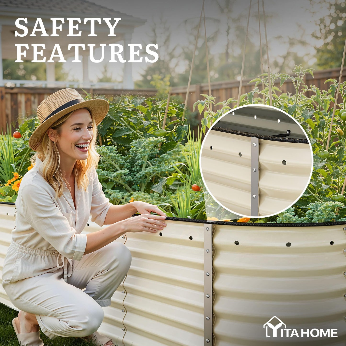 YITAHOME 8x2x2ft Large Raised Garden Bed Kit, 24" Tall 9 in 1 Galvanized Metal Planter Box with Gloves and Safety Rubber, Outdoor Above Ground Planters for Plants Vegetables Flowers, Cream Yellow