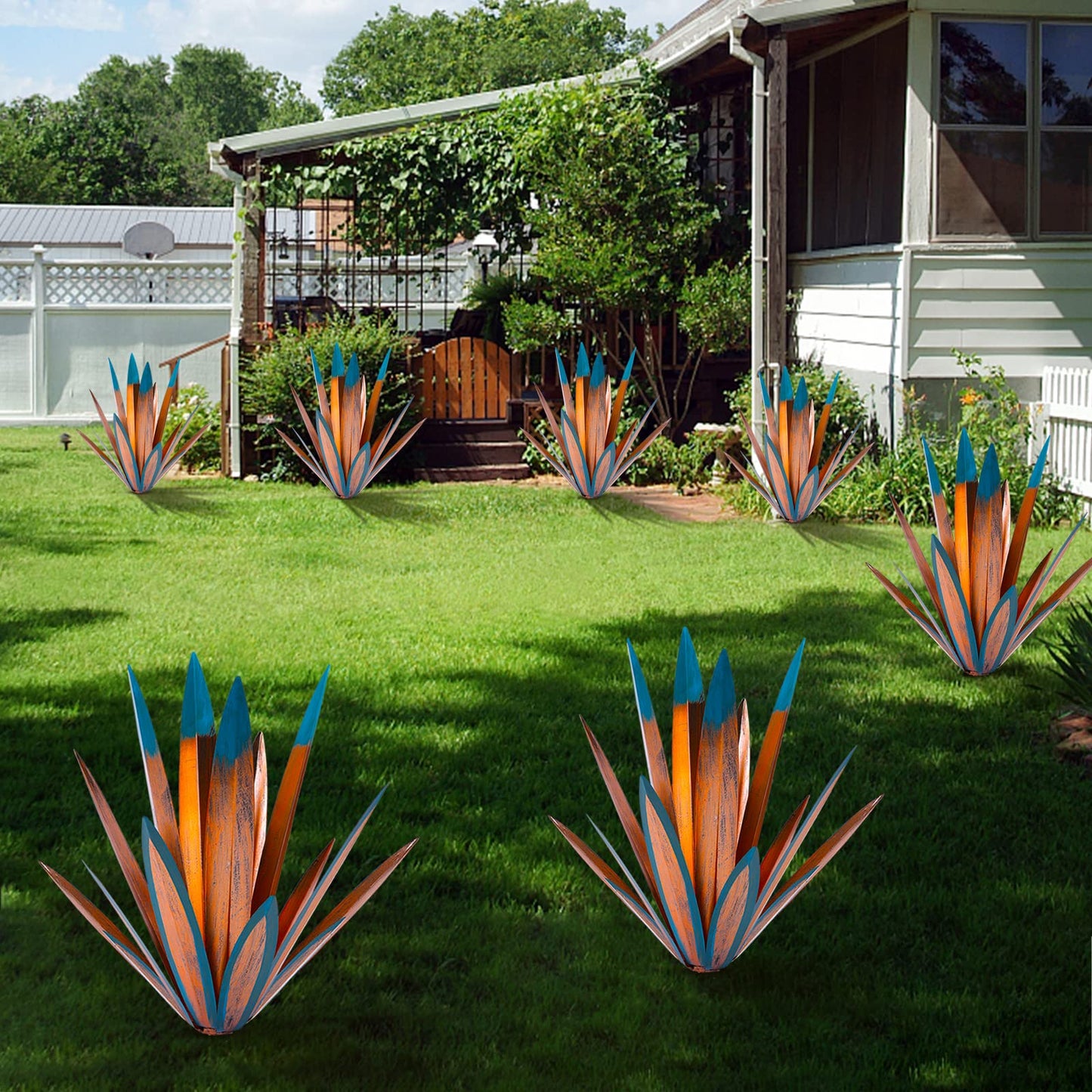 TOMBABY Large Leaf Thickened Metal Agave Plant Outdoor Decoration Desert Courtyard Art Plant Garden Decoration Outdoor Metal Art Floral Gift for Yard (2, Blue)