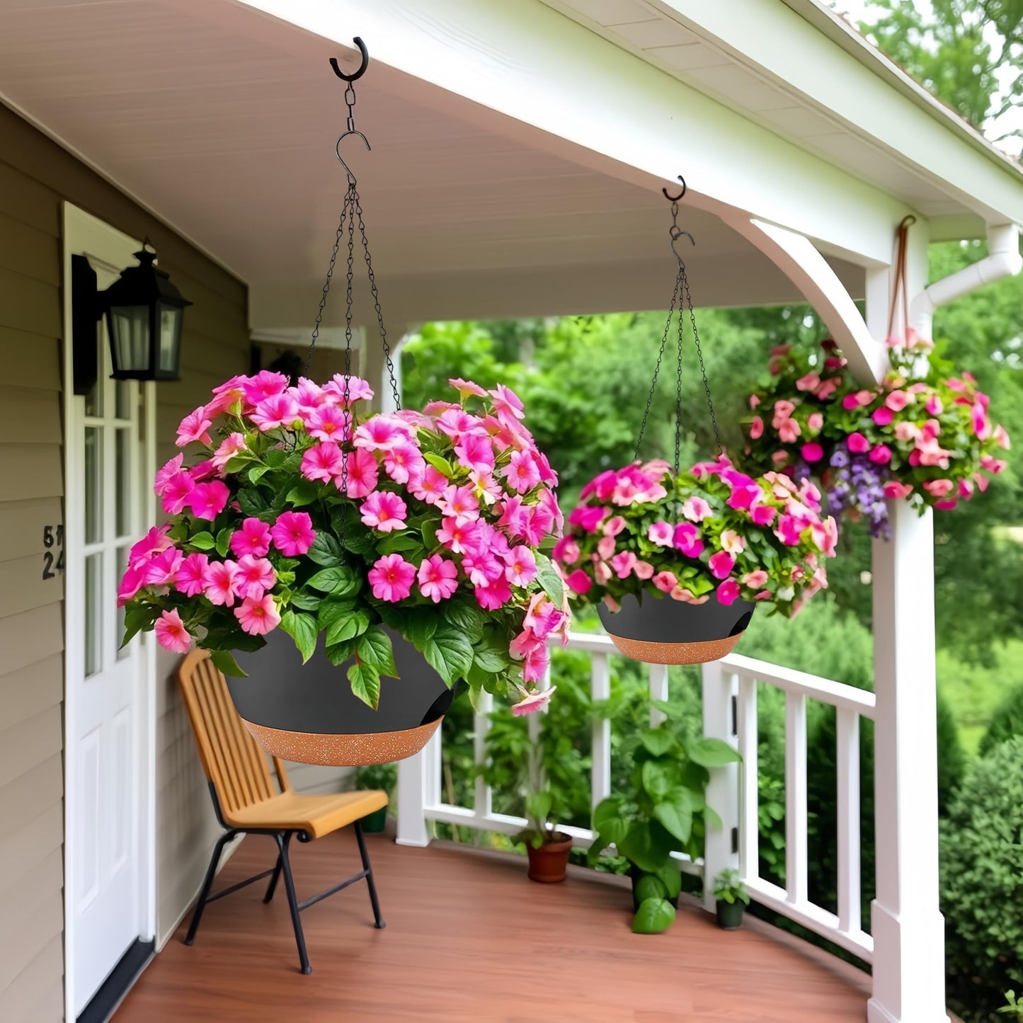 zople 2 Pack 12 Inch Self Watering Hanging Planters for Indoor Plants, Large Black Brown Plastic Hanging Pots with Chains for Outdoor Patio Garden Home Decor Black Brown
