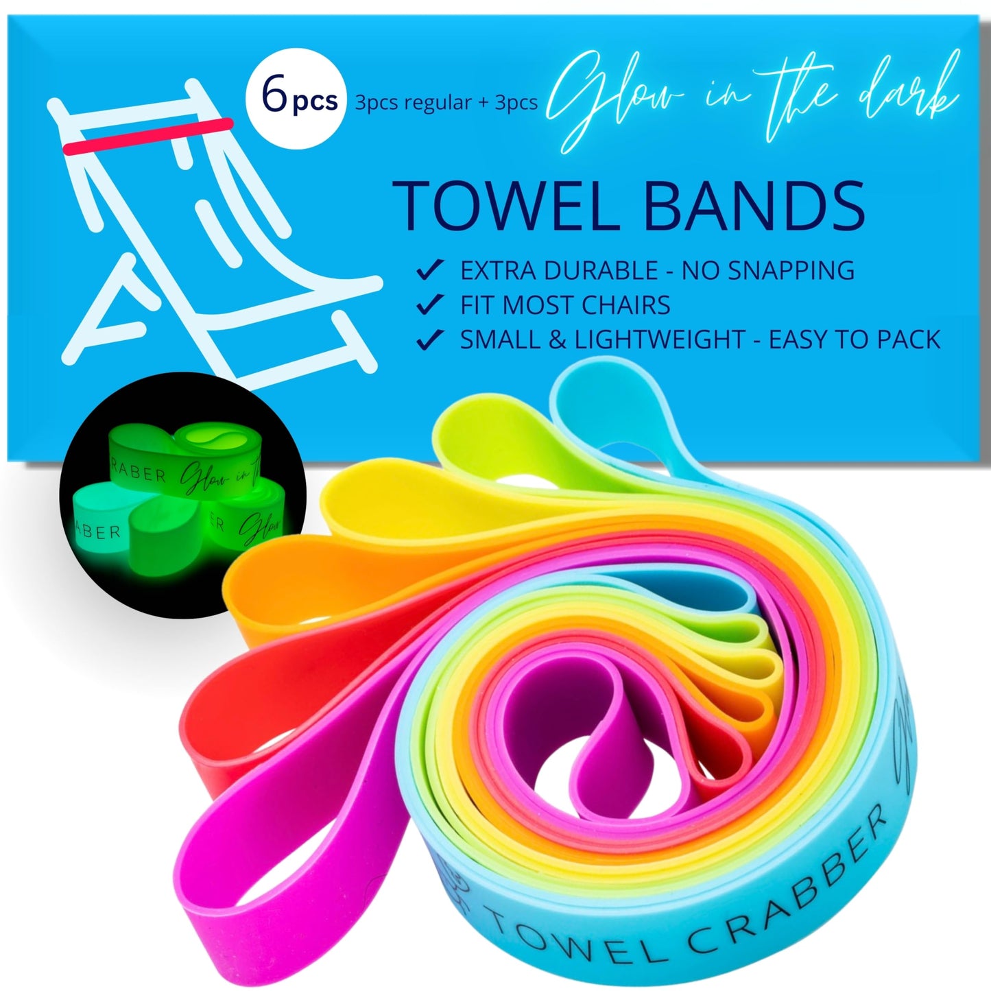 Towel Crabber Towel Bands (6-Pack), Beach Pool & Cruise Chairs, Extra Durable, Cruise Ship & Beach Essentials, Alternative to Beach Towel Clips (3 Regular + 3 Glow in The Dark)