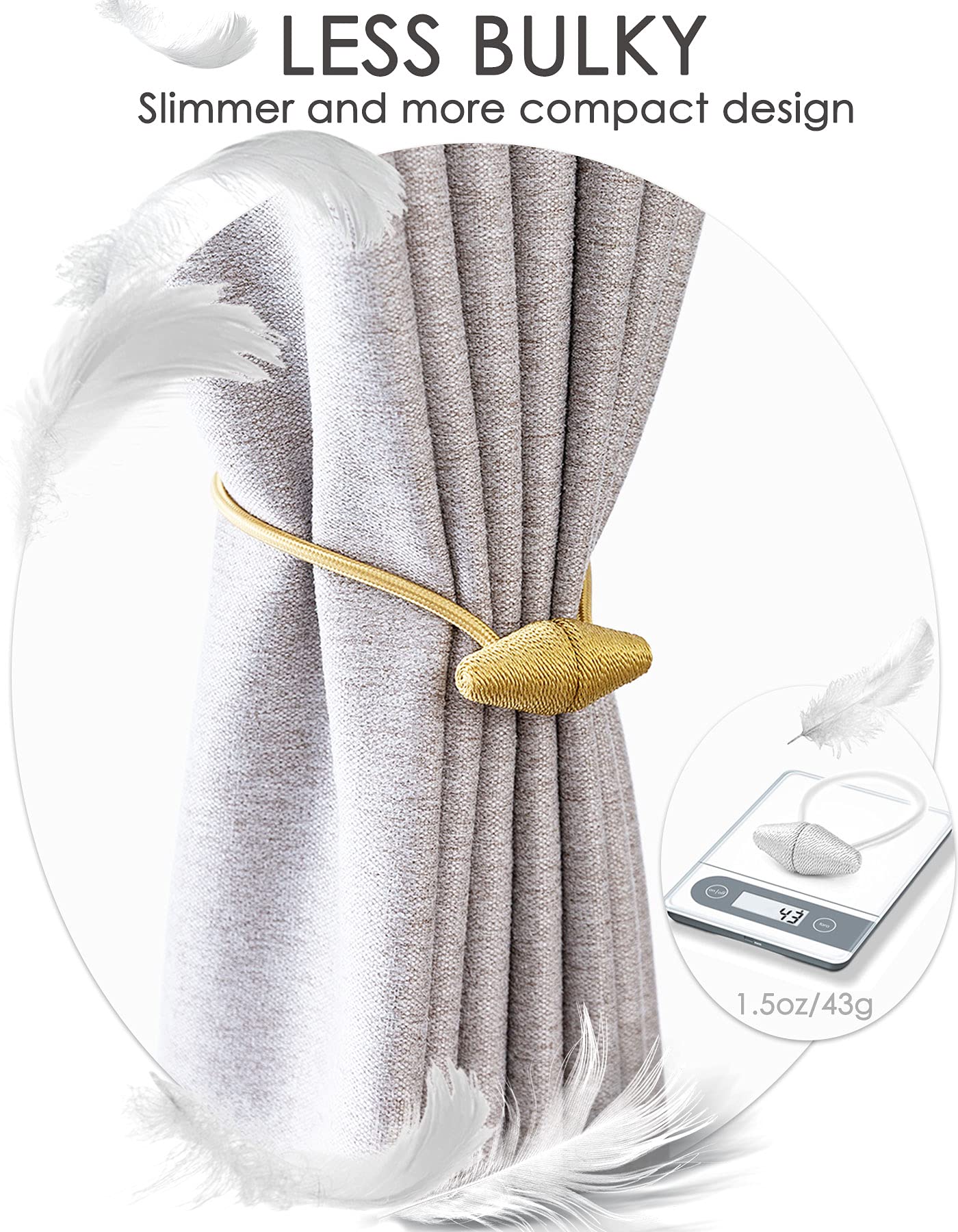 TECVINCI Magnetic Curtain Tiebacks with Upgrade Larger Magnet, 2 Pack 16 Inch Drapery Holdbacks for Indoor & Outdoor Curtain - Silver Grey