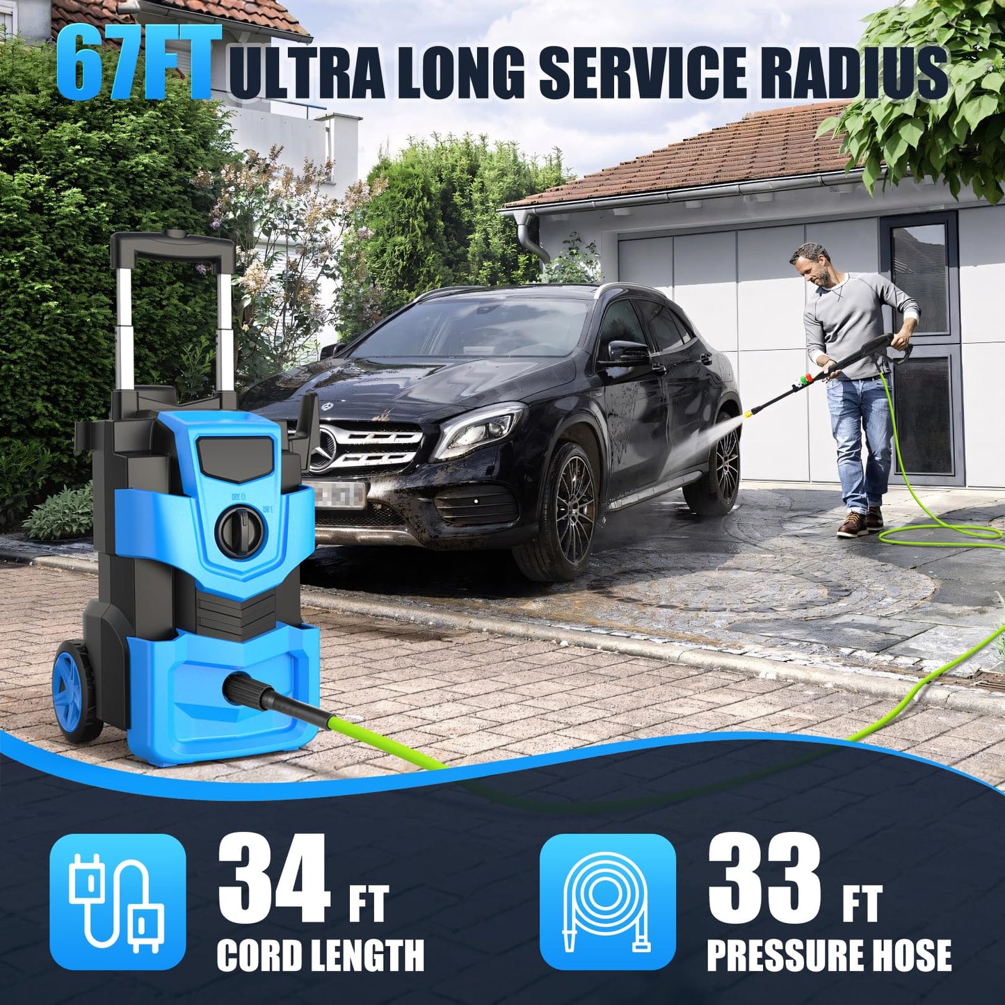 Imdot Adjustable Electric Pressure Washer 5000PSI with 33FT Flexible Extension Hose + 34FT Power Cord, 4 Nozzles, Foam Cannon, Best Power Washer for Cars, Patios, Driveways, Blue