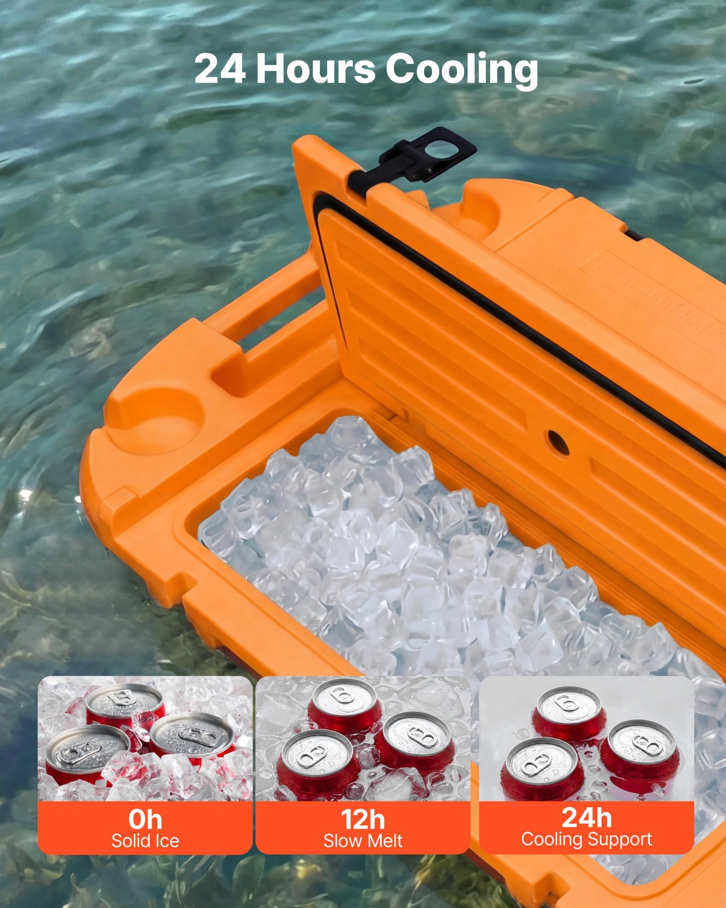 VEVOR 40QT Floating Cooler, Spacious Floating Ice Chest with Dry Storage Vessel & Tow Rope, Premium LLDPE Beverages Cooler for Water & Land, Smooth Cruiser on Lake River Beach Kayak - Orange