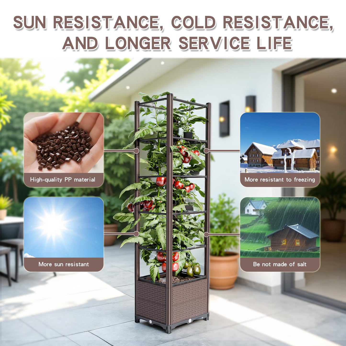 Raised Garden Bed with Trellis for Tomatoes, 10.5 Gal Planter Box Outdoor, 69.69" Tall Flower Planter with Tomato Cage, 15.7" Elevated Garden Bed for Vegetables, Climbing Plants & Flowers (Brown)