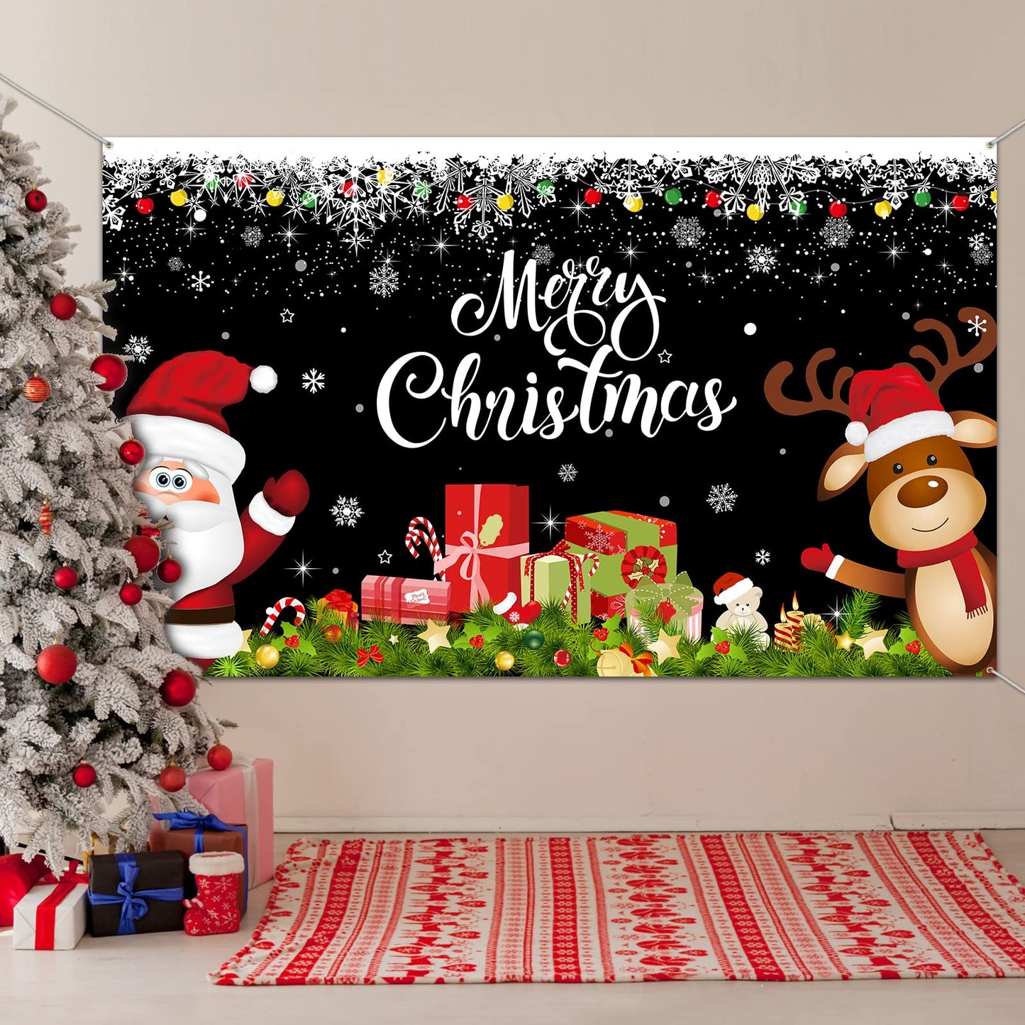 Irenare Christmas Banner Backdrop, Black Santa Claus Reindeer Merry Christmas Banner 72.8 X 43.3 Inch Indoor for Xmas Holiday Party Photo Booth Photography Wall Hanging Decor