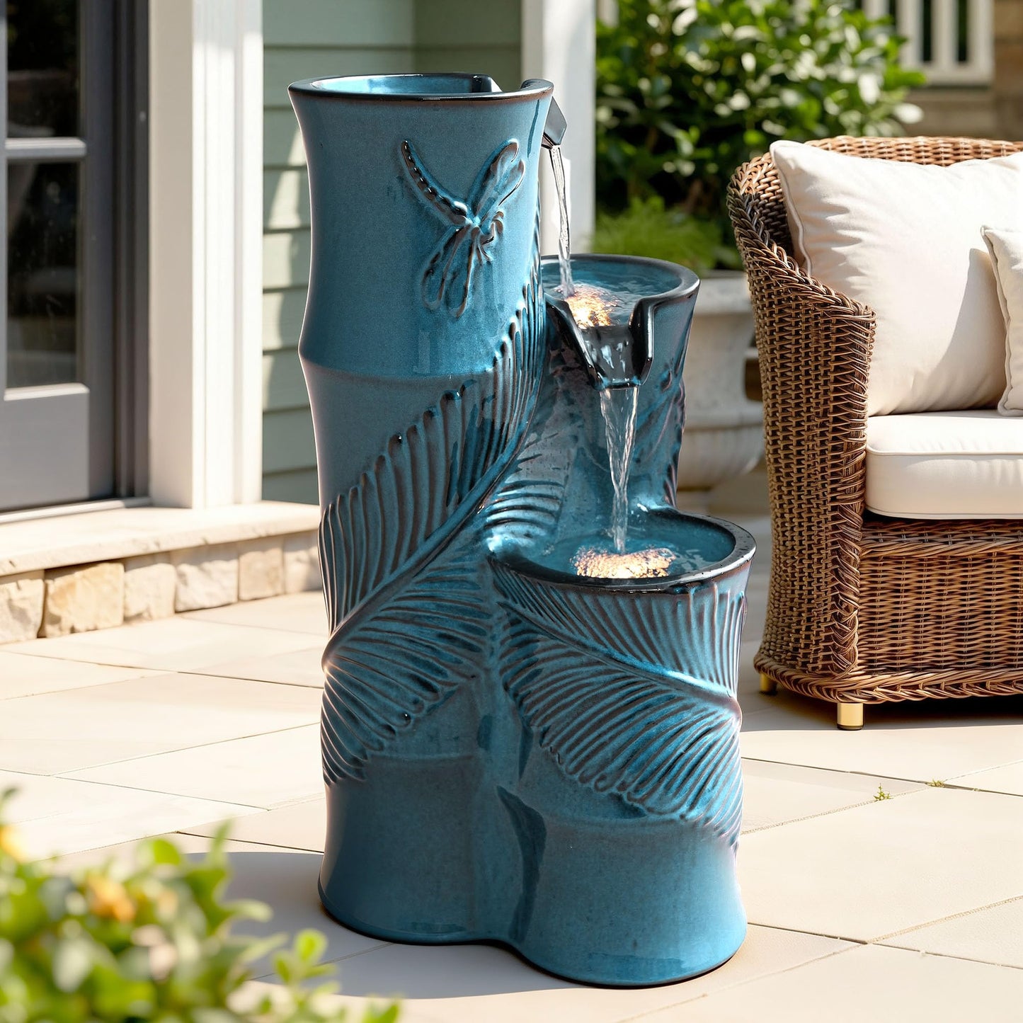 Autodaya Ceramic Outdoor Water Fountain with LED Lights, 25.5" H 3-Tier Bamboo-Style Water Feature with Tropical Leaf & Dragonfly Texture, Soothing Cascading Waterfall for Garden Patio Yard Oasis