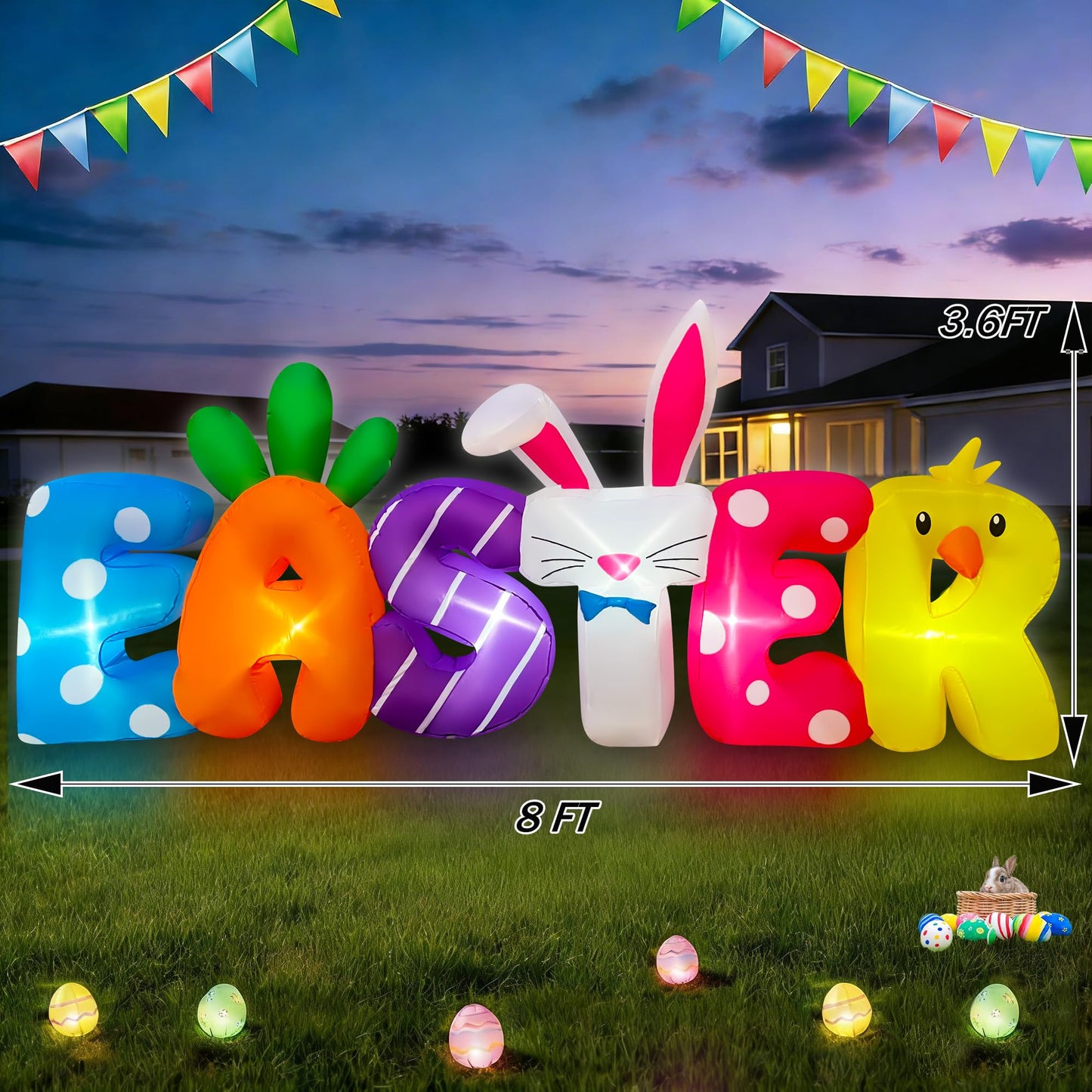 SEASONBLOW 8 FT Easter Inflatables Banner Outdoor Decorations LED Lighted Easter Blow Up for Yard Garden Lawn Indoors Outdoors Home Holiday
