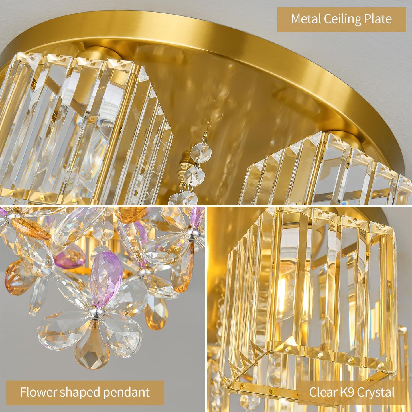 zhllmq 5 Light Gold Crystal Ceiling Light Flush Mount Ceiling Light Crystal Close to Ceiling Light Fixtures for Living Room Bedroom Kitchen Hallway