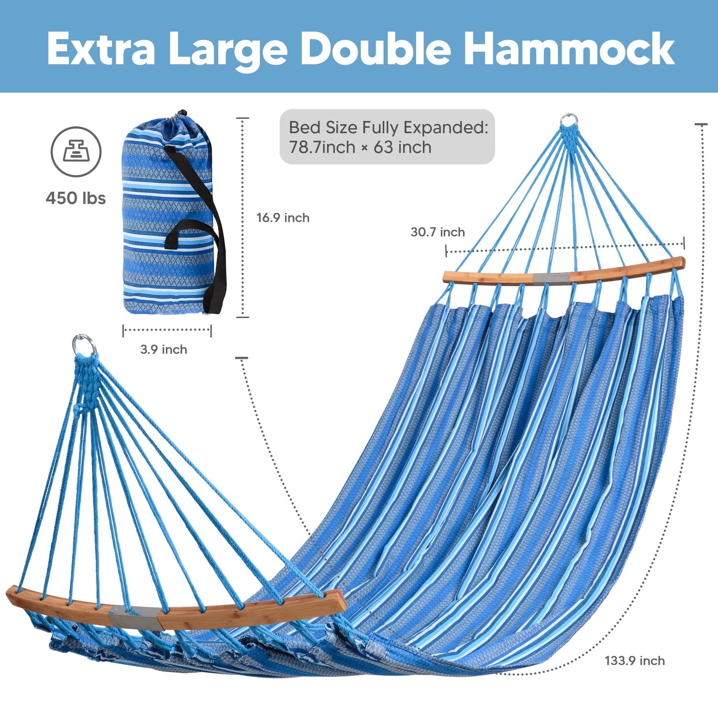 SUNCREAT Hammocks Double Hammock with Curved Spreader Bar, Outdoor Portable Hammock with Carrying Bag & Tree Straps for Bedroom, Patio, Backyard, Balcony, Max 450lbs Capacity, Blue