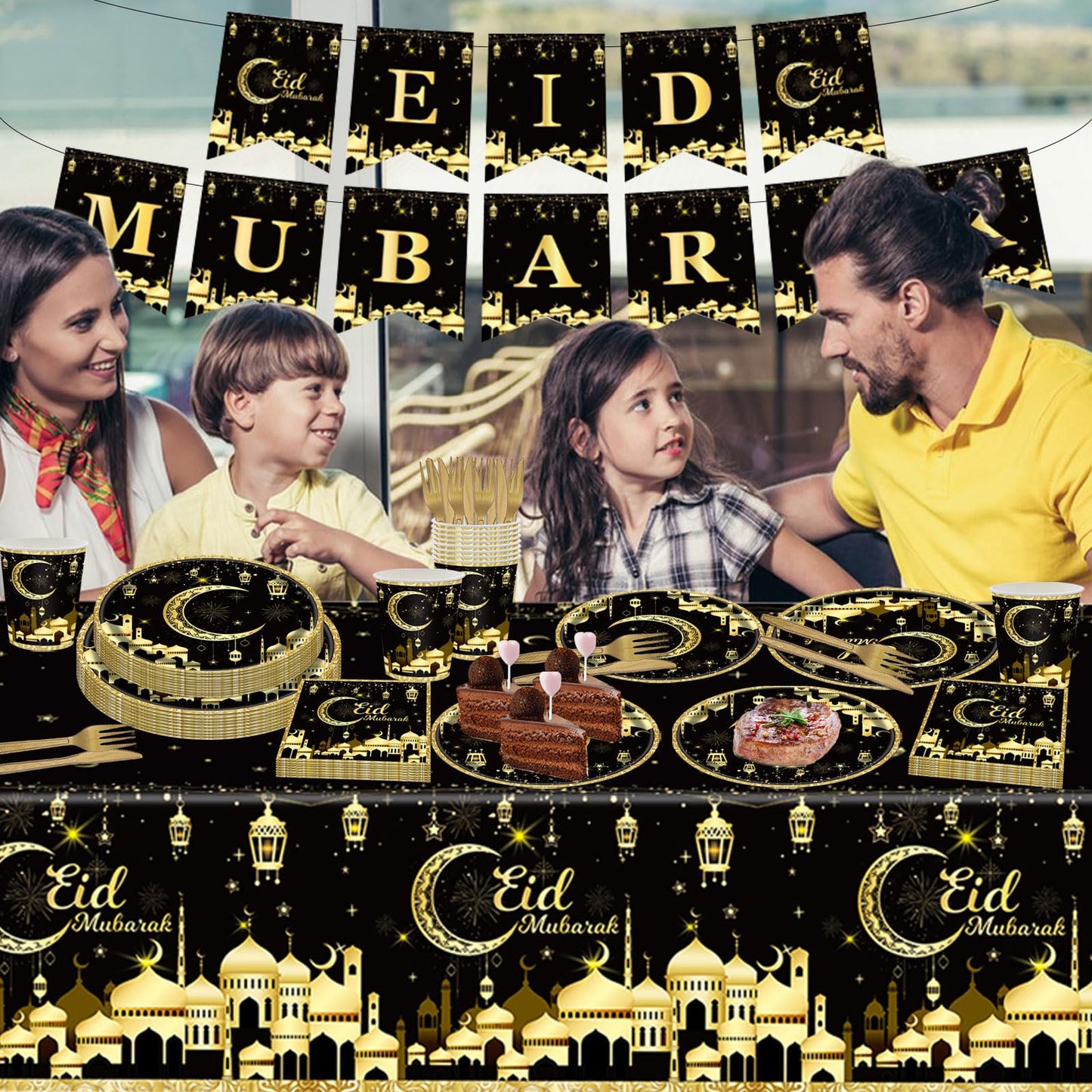98PCS Eid Mubarak Party Supplies Black and Gold Ramadan Tableware Set Ramadan Mubarak Paper Plates and Napkins Eid Mubarak Party Decorations Eid Al-fitr Party Disposable Dinnerware Set for 16 Guests