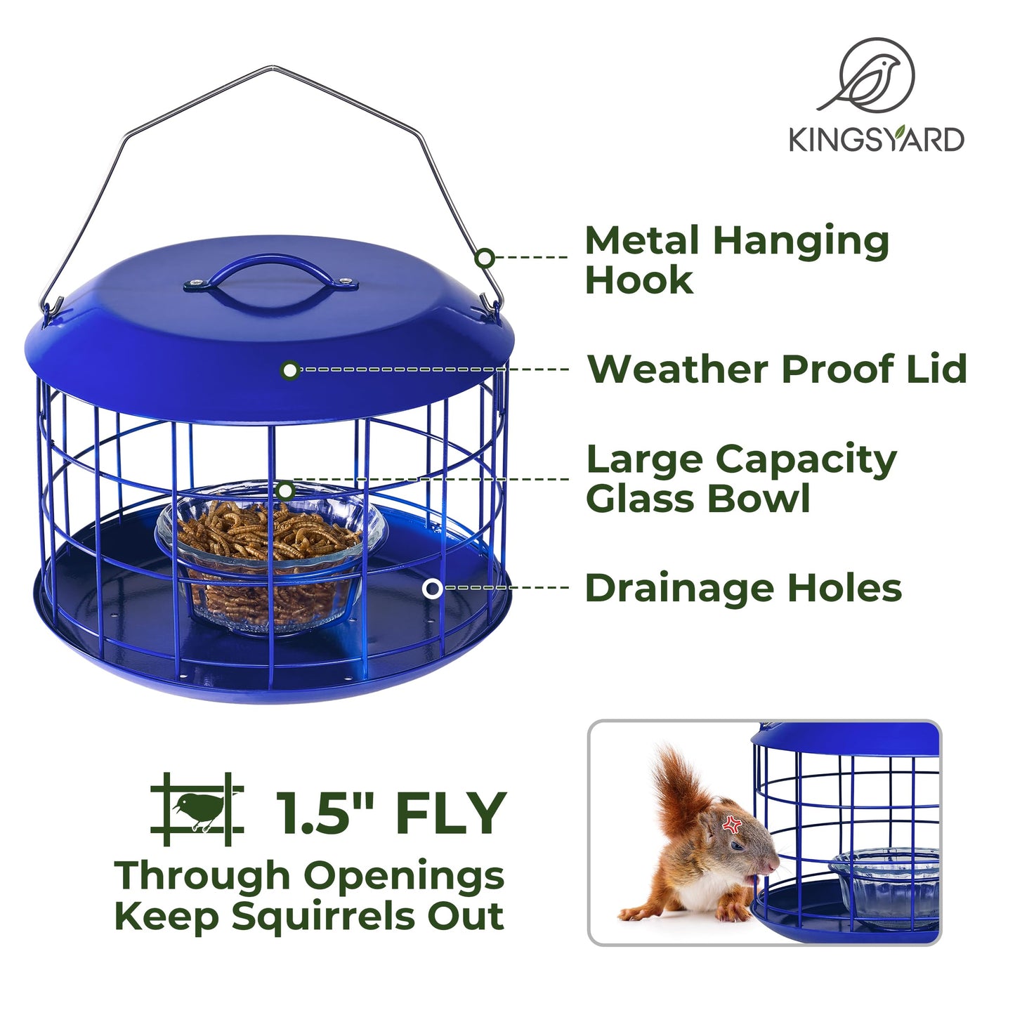 Kingsyard Bluebird Feeders for Outdoors Hanging, All Metal, Cage Mealworm Bird Feeder with Tray, Squirrel Proof & Weatherproof, Easy to Refill & Clean (Blue)