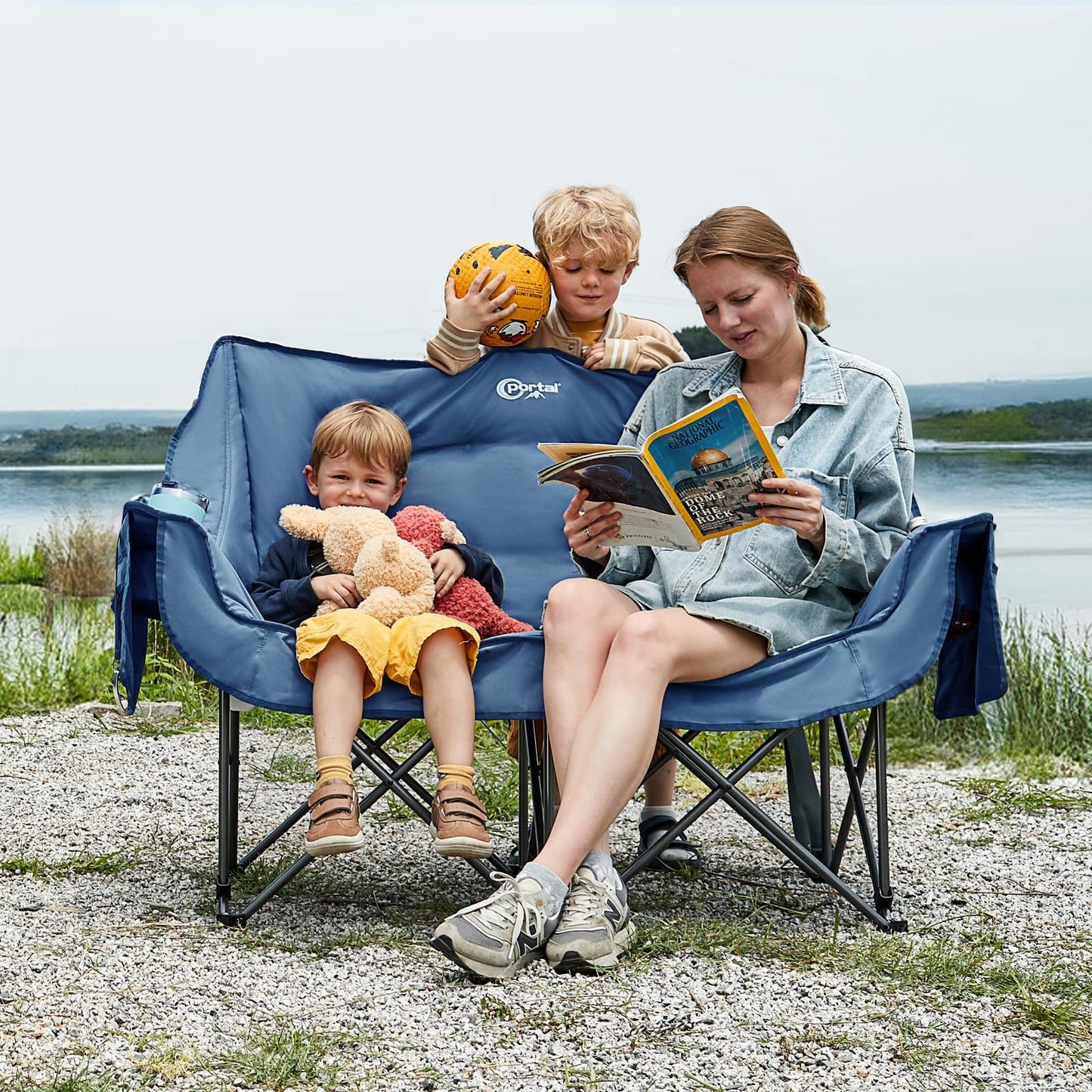PORTAL Double Camping Chair, 2 Person Folding Loveseat for Adults, Padded Cushion Camp Lawn Love Seat with Side Pocket Portable Couch, Two Person Heavy Duty Wide Chairs with Cup Holder, 600 lbs