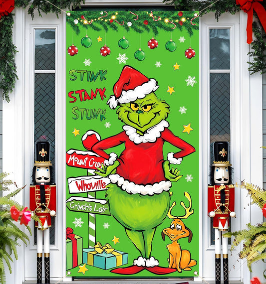 Vohado Green Christmas Door Cover Welcome Birthday Party Decorations Winter Holiday Front Porch Banner for Indoor Outdoor Home Decor