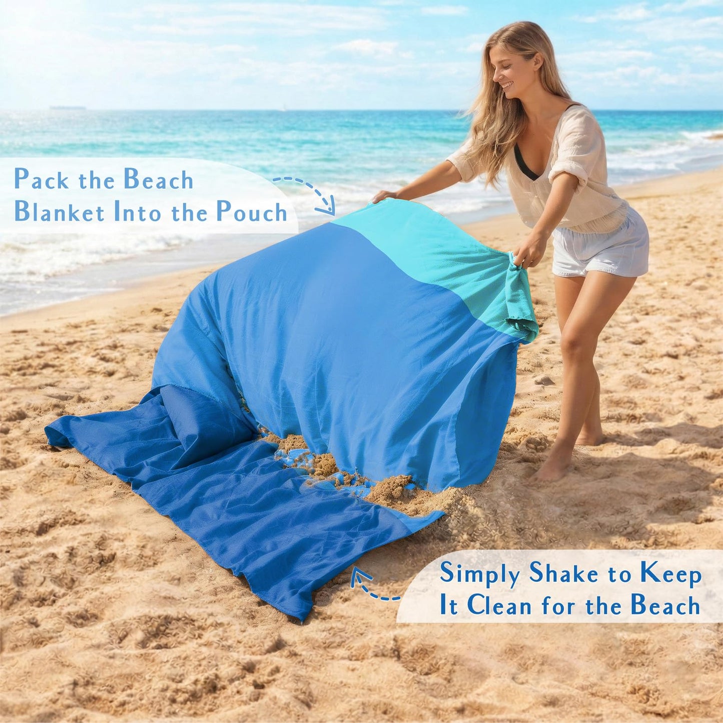 AlphaBeing Beach Blanket Waterproof Sandproof, Extra Large Beach Mat for 1–8 Adults, Oversized Picnic Blanket with 4 Stakes & Storage Bag, Essential Beach Gear for Travel (ThreeBlue, 79“×83”)