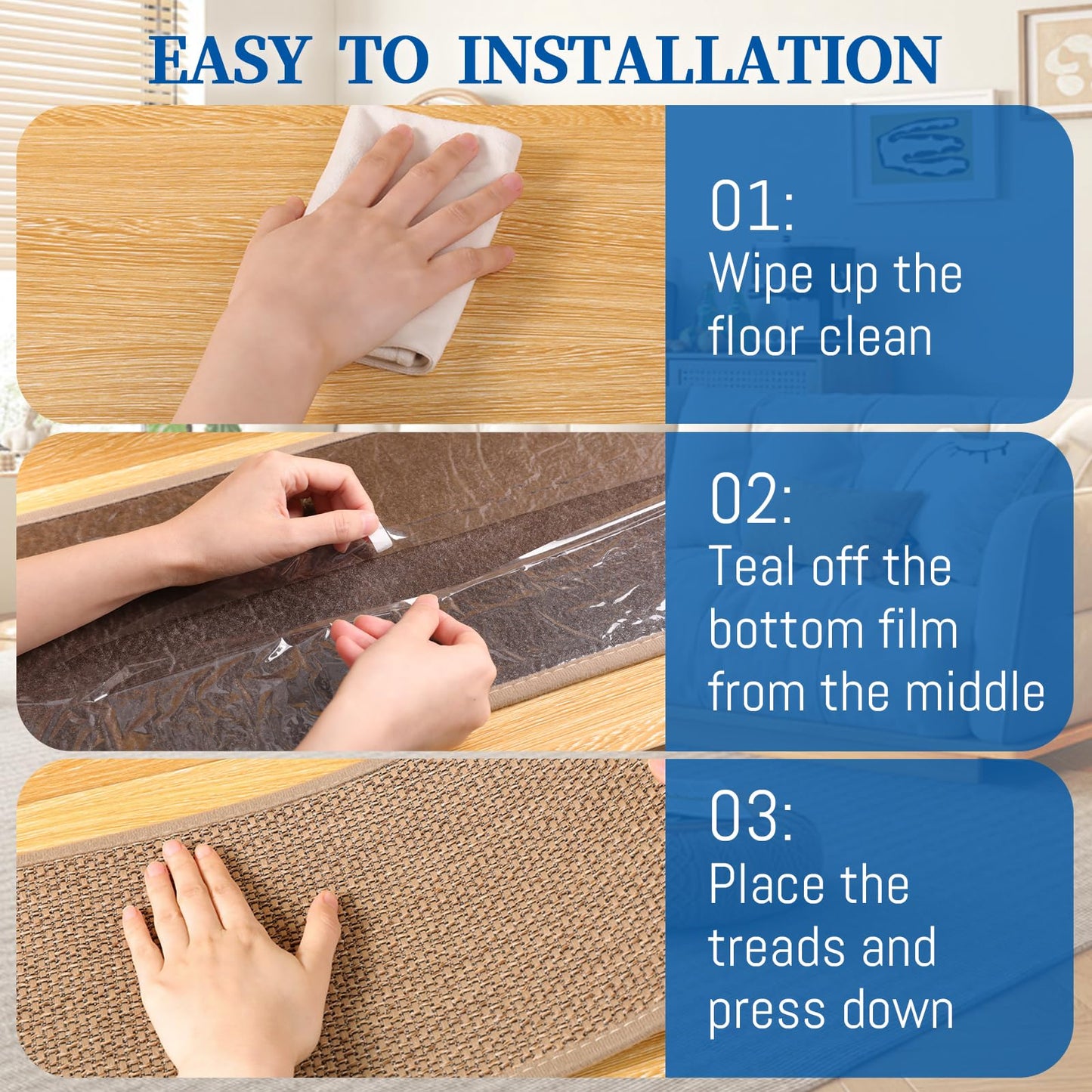 RIOLAND Linen Carpet Stair Treads for Wooden Steps Indoor 9" x 36" Non Slip Stair Runner for Wood Stair Peel and Stick Stair Rugs for Kids Elders and Dogs, 15 Pack