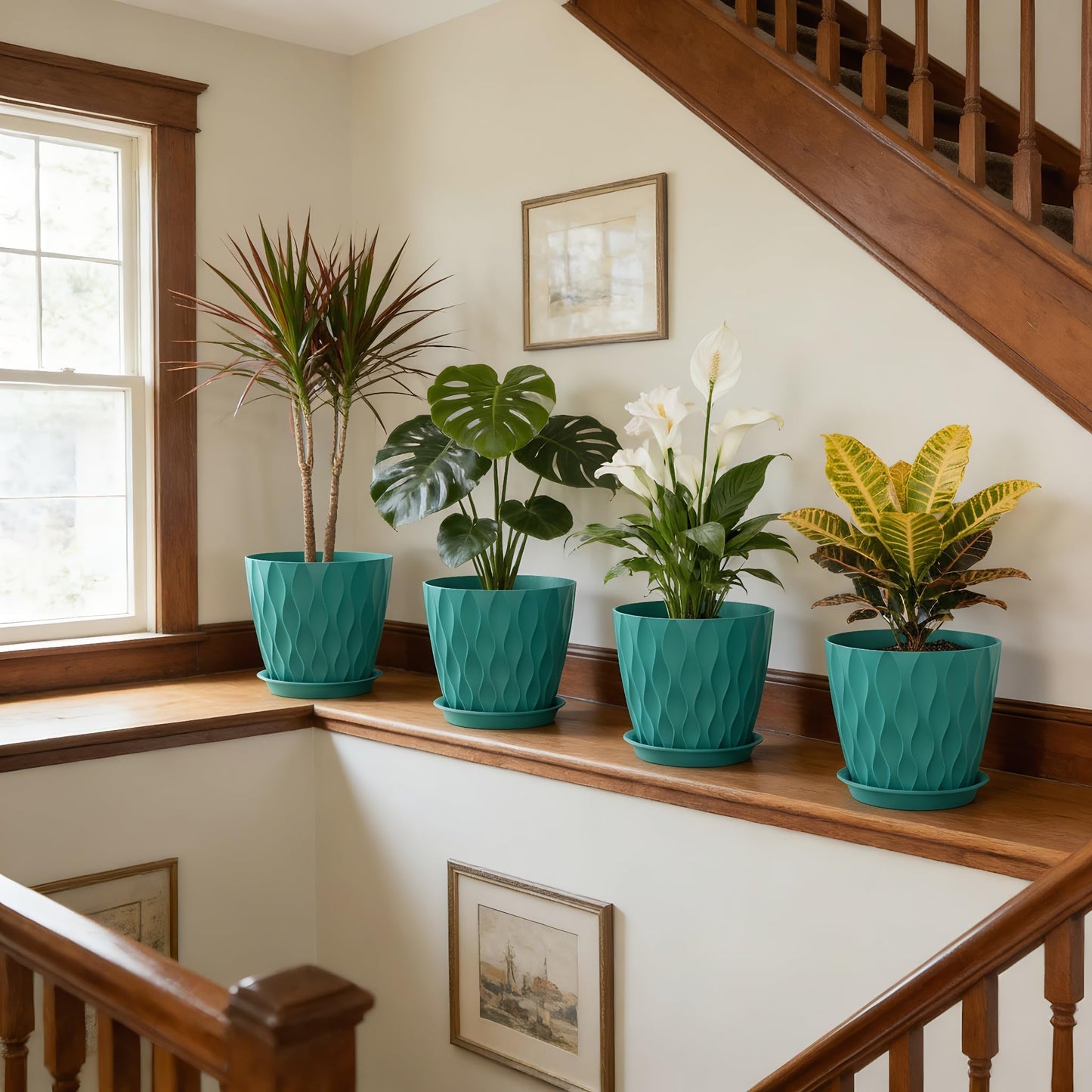 UOUZ 8 Inch Plant Pots, 4 Pack Plastic Planters for Indoor Outdoor with Drainage Holes & Saucers, Waffle Texture Flower Pots for Indoor Plants, Indoor Plant Pots for Monstera, Fiddle Leaf Fig Blue