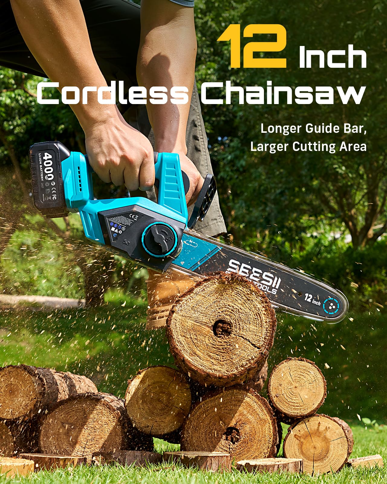 SEESII Electric Chainsaw Cordless 12-inch, Handheld Chain Saws with 2 x 4.0Ah Battery, Tree Saw with Tool-free Chain Tension, Auto Oiling for Wood Cutting Trimming Branch