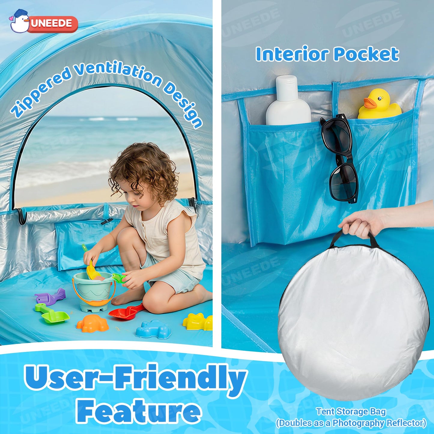 Baby Beach Tent Extra Large Pop Up Baby Tent with UV Protection - Spacious Family Sun Shelter for Parent & Child, Portable Beach Essentials (Blue, 53.1" x 36.6" x 37.4")