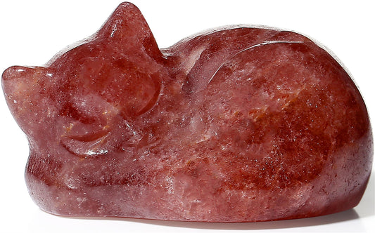 YATOJUZI 2" Cat Decors Statue Strawberry Quartz Crystals Sleeping Cats Gemstone Hand-Carved Cute Animal Statues Figurine Stone Home Office Desk Decor Lucky Reiki Kitten Ornaments Gifts for Women Men