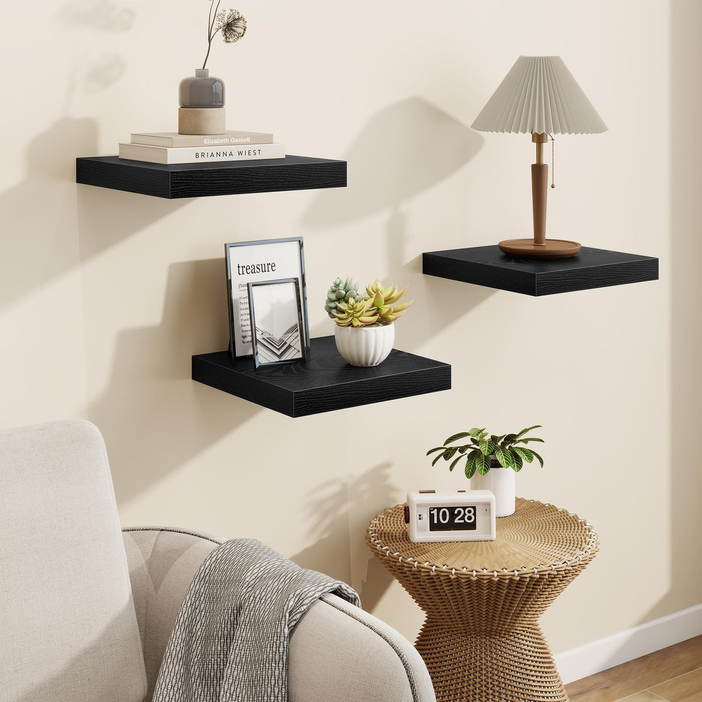 Square Floating Shelves for Wall, 11.5"W x 11.5"D x 1.25"H, 3 Pack Small Wall Mounted Engineered Wood Shelves with Invisible Brackets for Living Room, Bedroom, Bathroom, Kitchen Decor, Black
