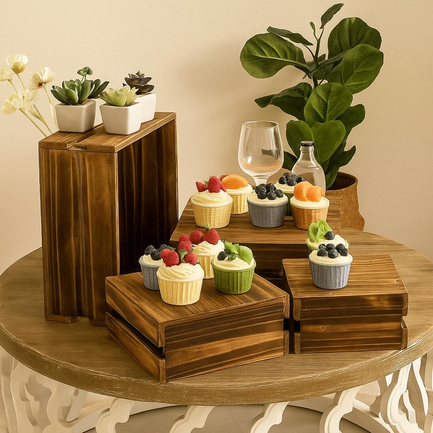 Merrifete 8PCS Wooden Buffet Risers and Stands with Reusable Table Signs, stackable Cube Rustic Wood Food Risers for Buffet Display, Cupcake Holder, Cupcake Stand, Dessert Table Display Set, 8PCS