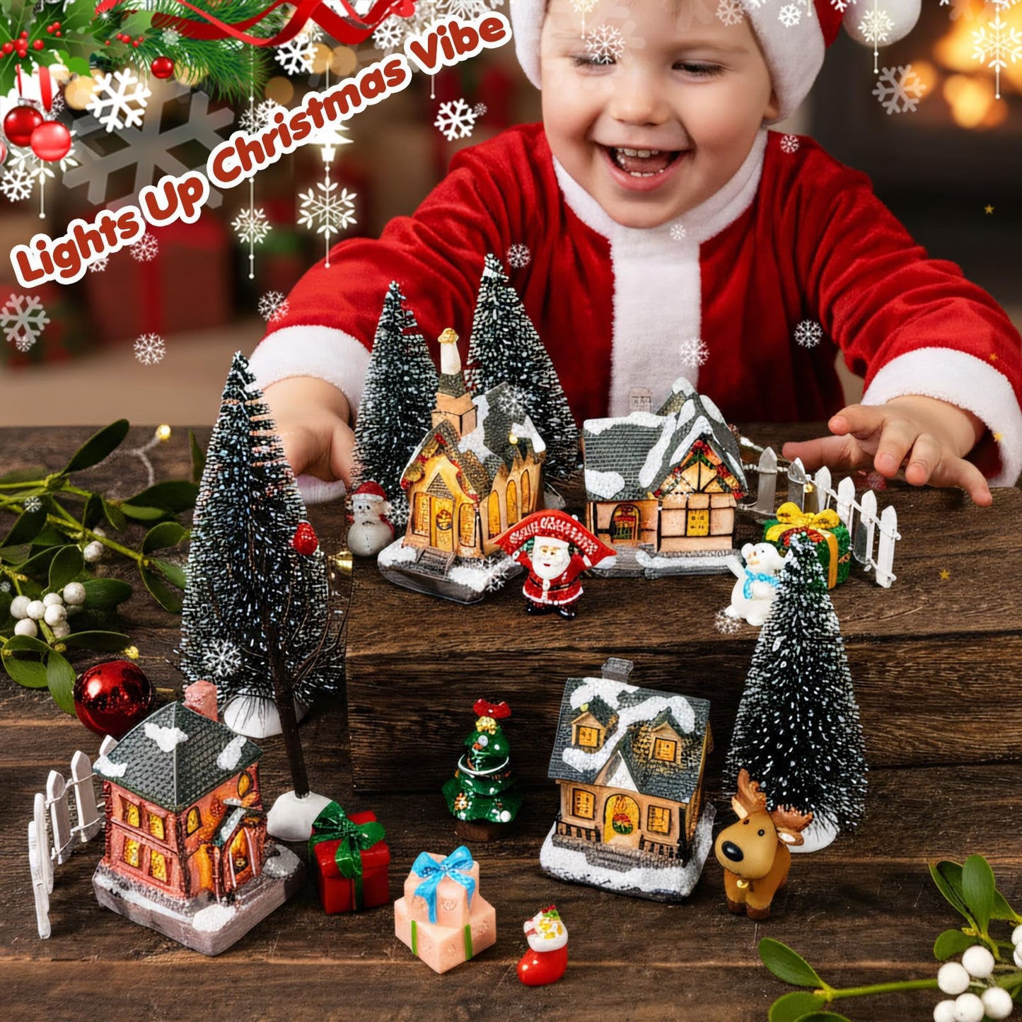Warmtree 22 Pcs Christmas Village Houses Set, Resin Christmas Scene Village Town, Santa Tree Picket Fence Snow Figurines Accessories for Holiday Home Garden Office Festival Decor
