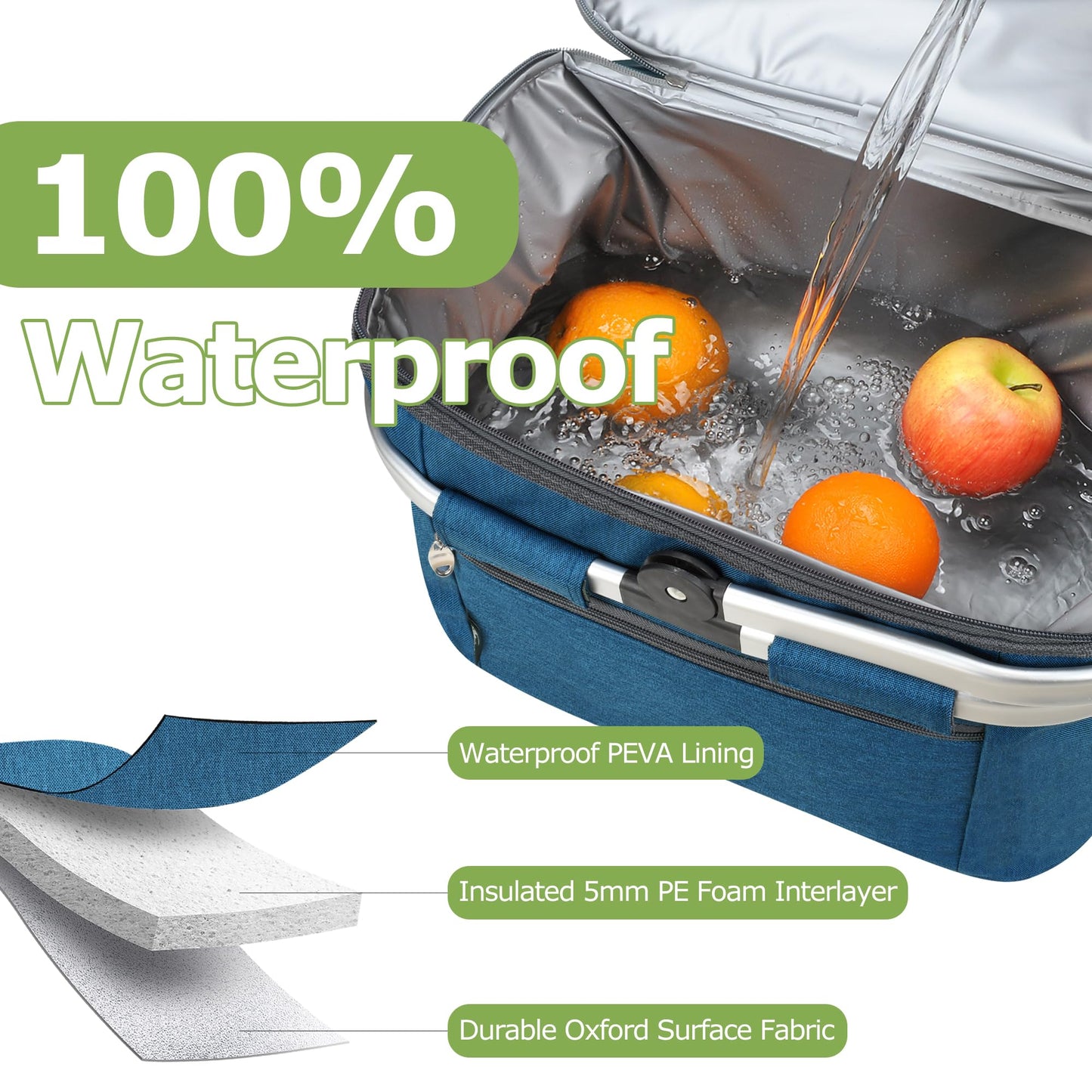 Tirrinia Large Insulated Picnic Basket, 34L Water Resistant & Leakproof Collapsible Portable Cooler Basket Set with Aluminium Handle for Travel, Shopping, Camping,Foldable Grocery Bag, Blue