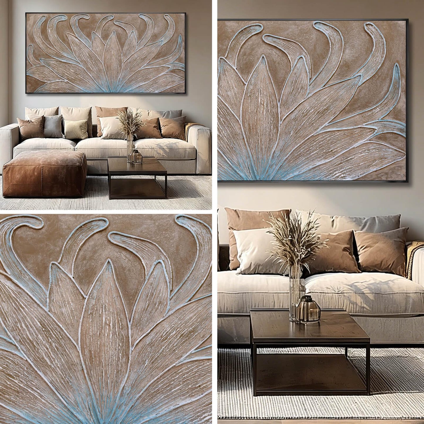 Brown Oil Painting Wall Art Botanical Neutral Floral Flowers Framed Wall Decor Abstract Canvas Pictures Large Artwork for Bedroom Office 29x58 In