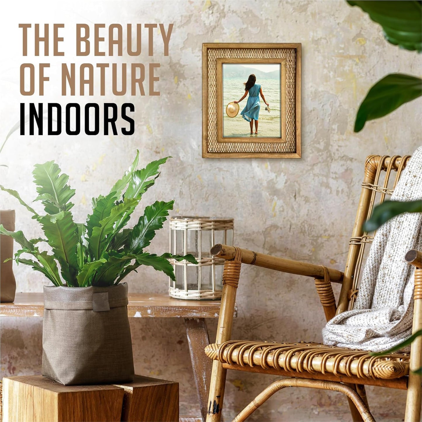 Fairwood Way Rattan Frame for 8x10 Photos, EACH UNIQUE Natural Fir Wood, Handwoven Rattan Mat, Boho Picture Frame, 8x10 picture frame for Wall/Table Mount (12.5" x 14.5" Outer), Coastal Decor