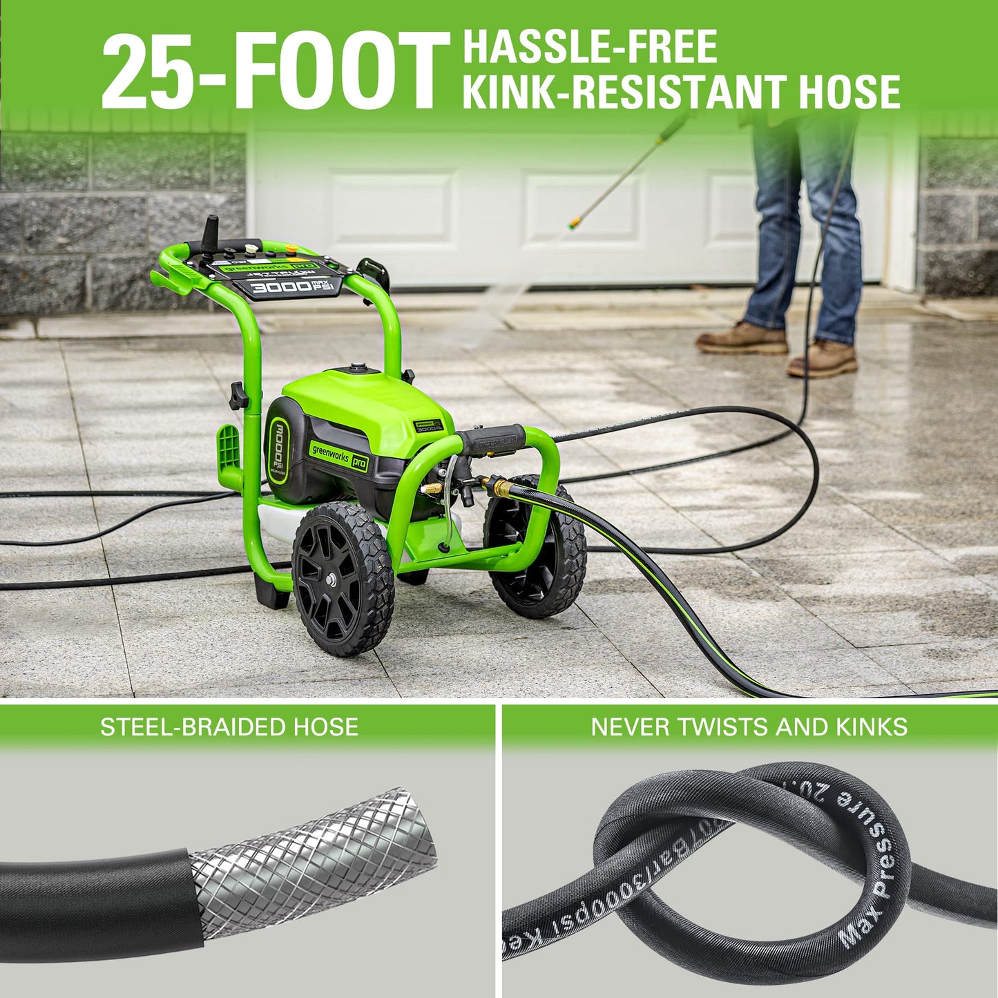 Greenworks Pro Brushless 3000 PSI (CSA Certified) 2.0 Max / 1.1 Electric Pressure Washer (Rugged Steel Frame, 25 Hose, 35 GFCI Power Cord)
