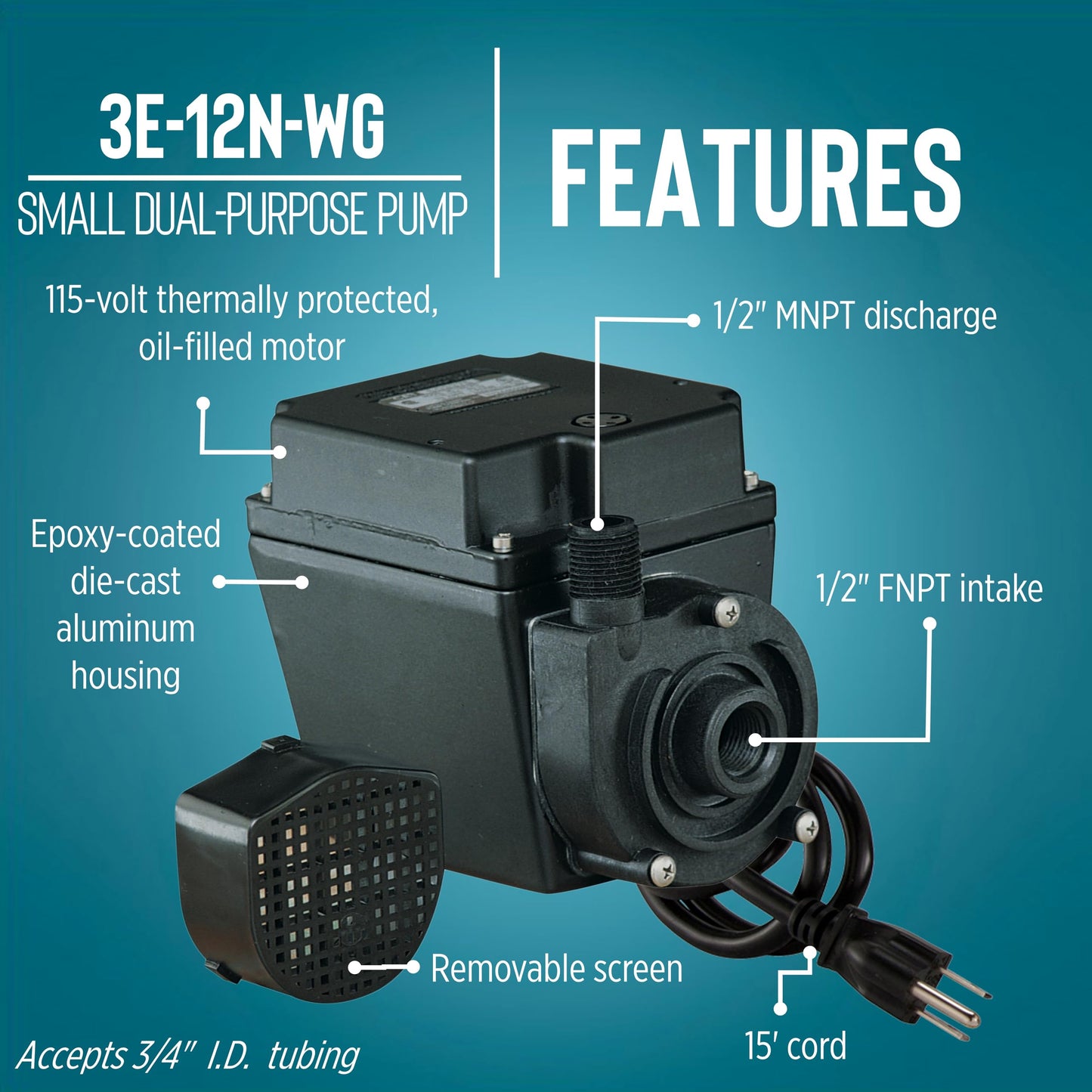 Little Giant 3E-12N-WG, 115-Volt, 1/15 HP, 500 GPH Oil-filled Direct Drive In-Line or Submersible Pump with 15-ft. Cord, Black, 503375