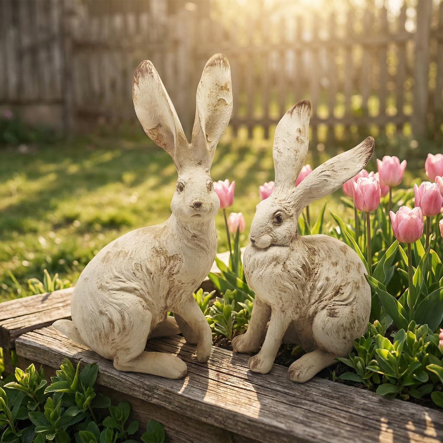 YimiBloss Easter Bunny Decorations Set of 2, 10 Inch Large Distressed Resin Rabbit Figurines, Spring Home Decor for Outdoor, Yard, Garden, Table，Farmhouse & Rustic Bunny Statues Decor Gifts (Large)