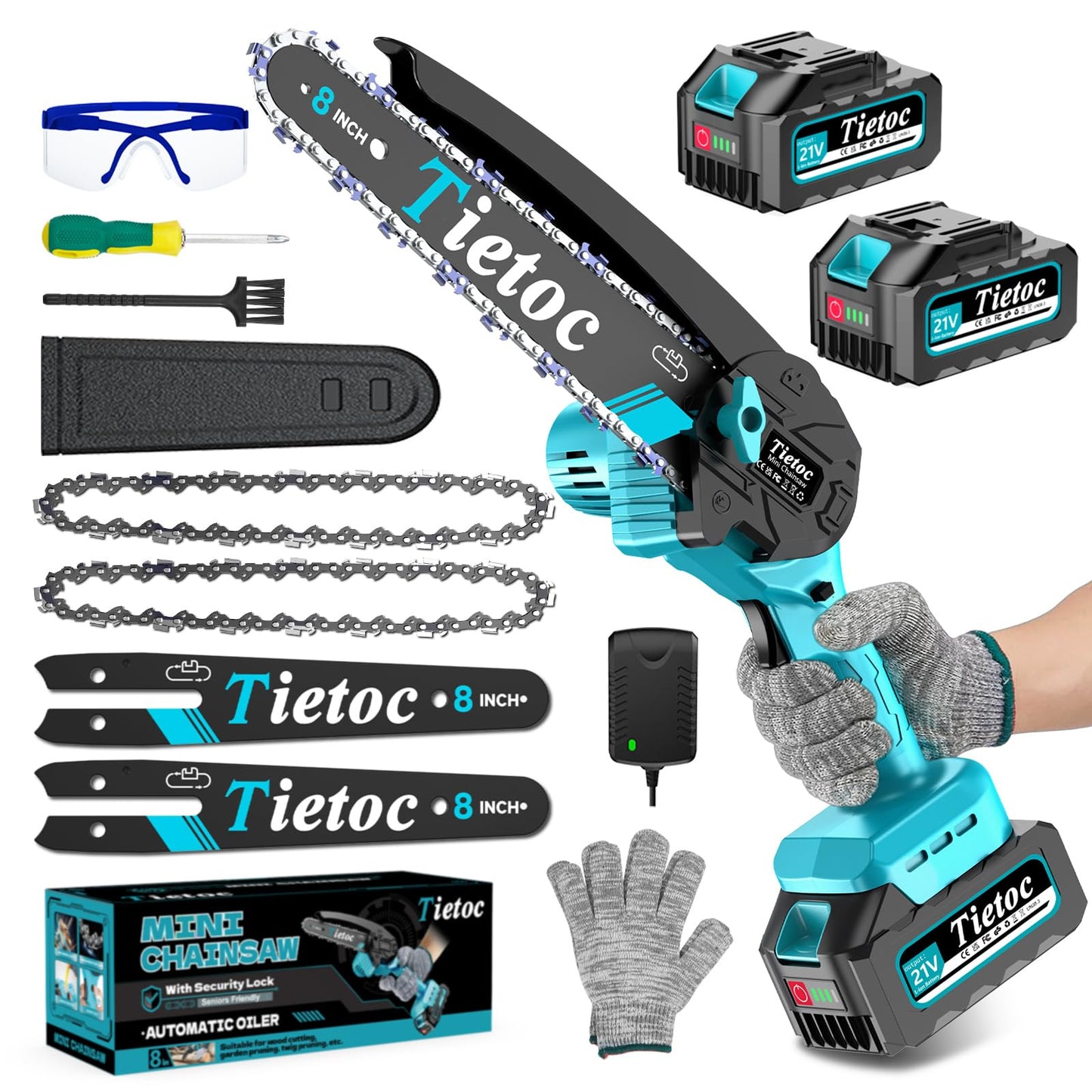 Tietoc Mini Chainsaw 8 inch Cordless with 2x 4000mAh Batteries, Battery Powerd Chain saw with Oiler, Lightweight Handheld Saw for Household & Garden, Gifts for Men, Dad, Husband, Gardener and DIYer