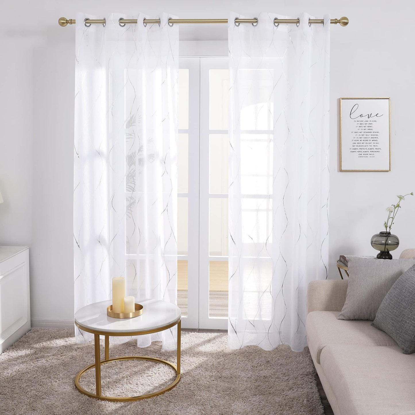 Deconovo Semi Sheer Curtains 2 Panels, 52W x 84L Inch Each, Grommet Top Voile, Light-Filtering Day Privacy, Silver Wave Foil Pattern, Living Room/Bedroom Window Drapes, Easy Hang