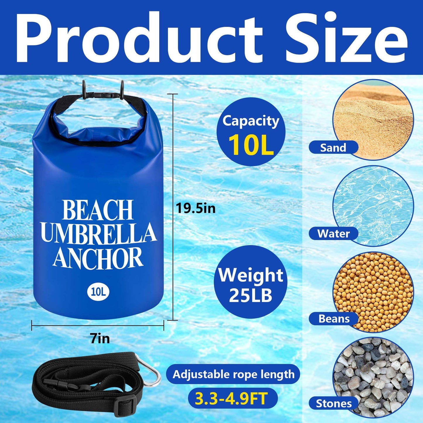 DECOHS 2 Pack Beach Umbrella Weight Sand Bags, 500D PVC Heavy Duty Summer Canopy Tent Sandbags, 10L/25LB Fillable Sun Umbrella Sand Anchor Bags for Outdoor Wind Resistant
