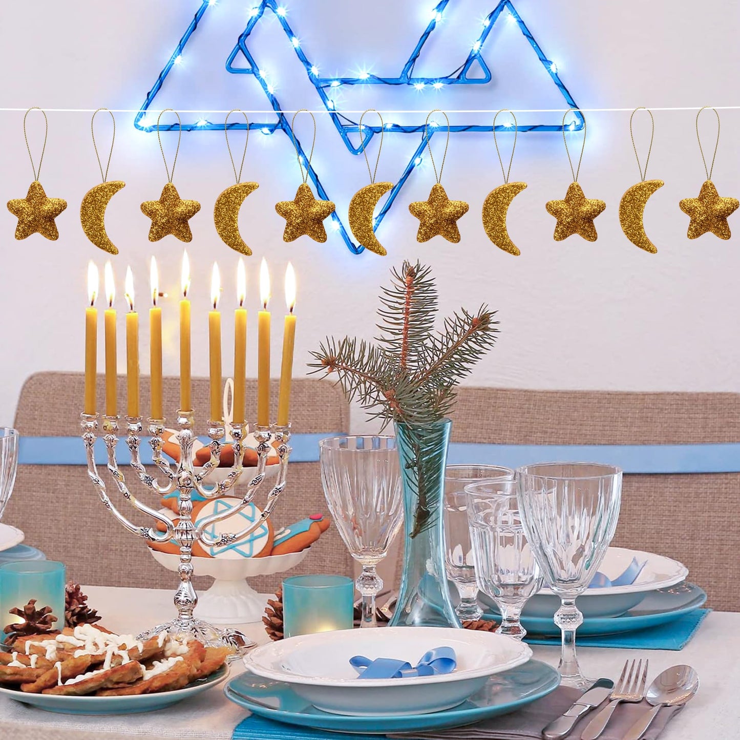 Deloky 40 Pcs Glitter Eid Mubarak Ornaments, Gold Moon Star Hanging Ramadan Tree Ornaments, Shining Ramadan Kareem Moon Star Pendant Decorations for Islamic Muslim Festival Party Home Decor