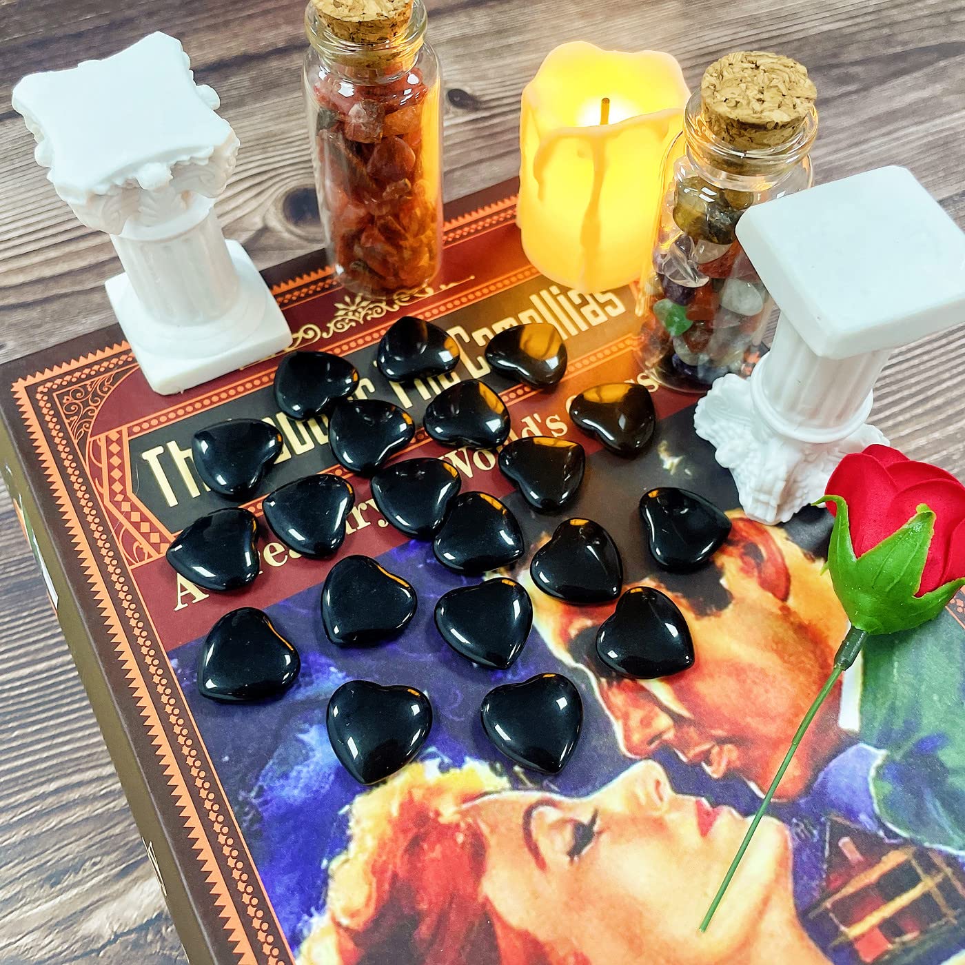 QINJIEJIE 20 PCS Natural Heart Healing Crystals Black Obsidian Polished Stones Pocket Crystal Palm Mini Cute Love Gemstones Set Bulk Wholesale Reiki Energy Balancing Meditation Valentine's Day Gift