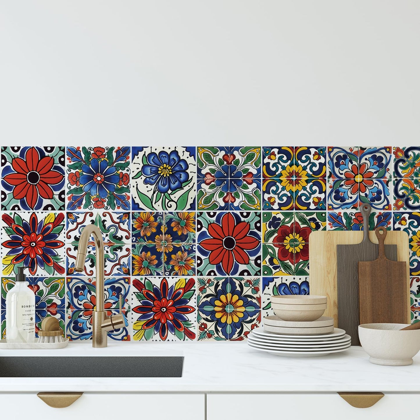 30 Pcs Mediterranean Style Peel and Stick Wall Tile Decals - Waterproof Vinyl Stickers for Kitchen Backsplash, Bathroom, Stair Riser Decor - Spanish Floral Pattern - 4x4 Inch
