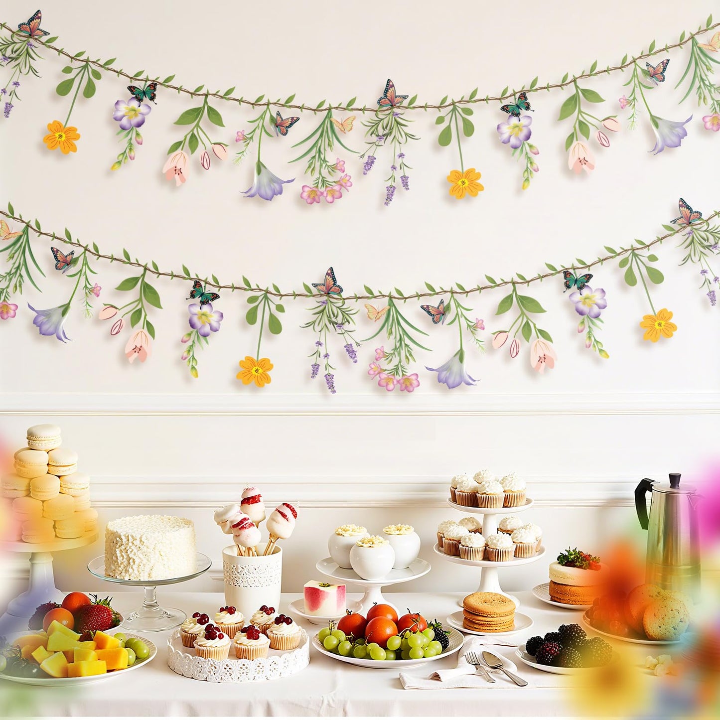 Ghegicu 2PCS Flower Banner Reusable Wildflower Garland Floral for Spring Party Enchanted Garden Theme Picnic Wedding Baby Shower Birthday Tea Party Christmas Valentine's Day Supplies Home Decorations