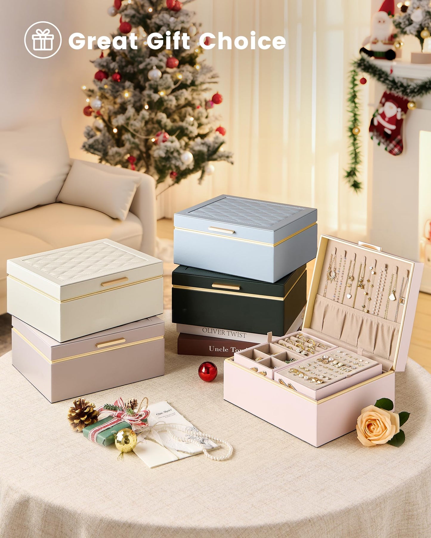 Lolalet Jewelry Box Organizer for Women Girls, 2 Layer Jewelry Organizers and Storage for Necklace Earrings Rings Bracelets, Large Jewellery Holder Case Birthday Valentine Gifts -Cream