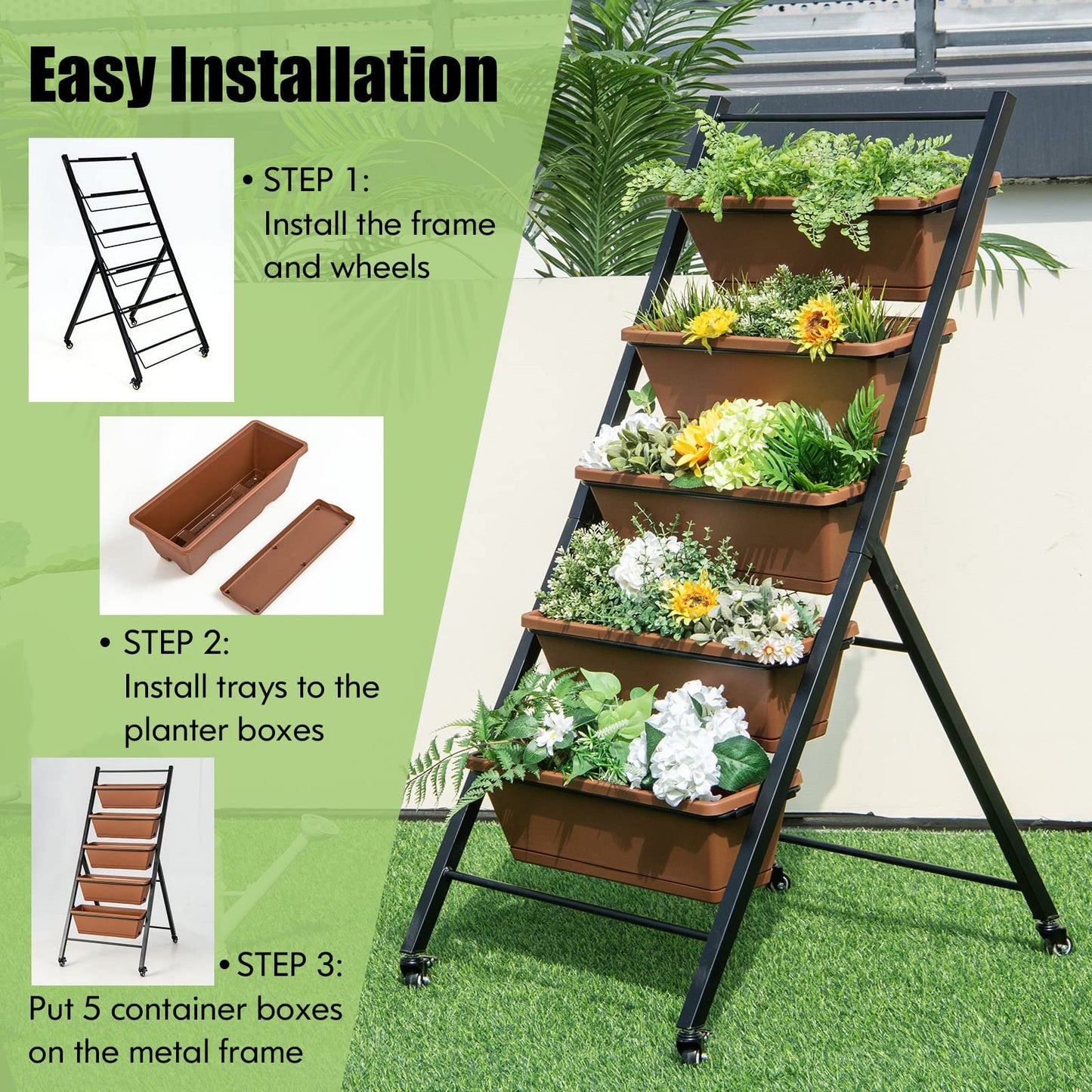 S AFSTAR 5-Tier Vertical Garden Planter, Raised Garden Bed with 2 Lockable Wheels, 6 Removable Planter Boxes, Metal Frame, Indoor Outdoor Elevated Planting Box for Flower Vegetables Fruit Herbs