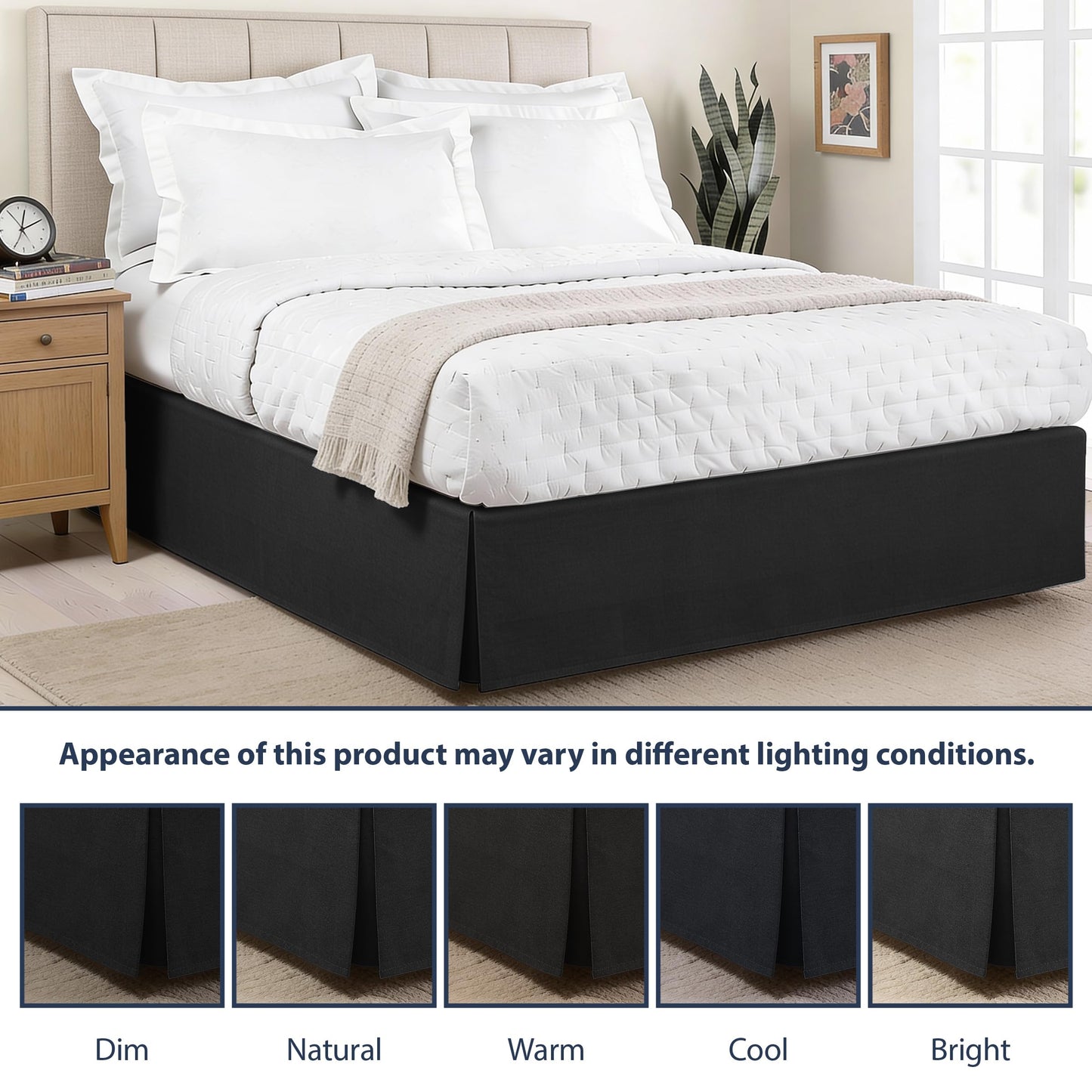 Luxury Hotel Tailored Bed Skirt, Box Pleats, 14 Inch Drop, Queen, Black