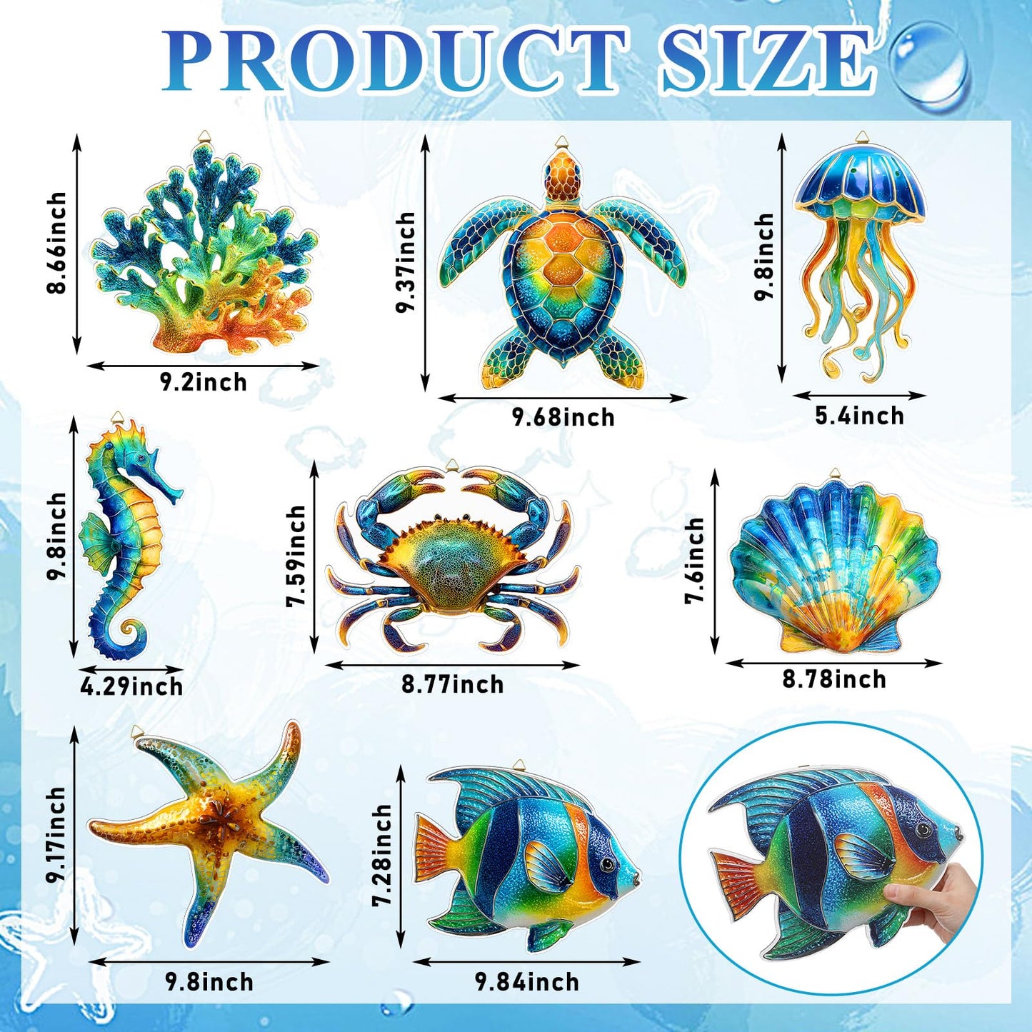 AceOrbit 8 Pcs Large Wooden Coastal Ocean Wall Art Rustic Ocean Theme Wall Decor Wooden Fish Turtle Crab Seahorse Starfish Jellyfish Seashells Coral Decoration with Hooks for Sea Beach Nautical Party