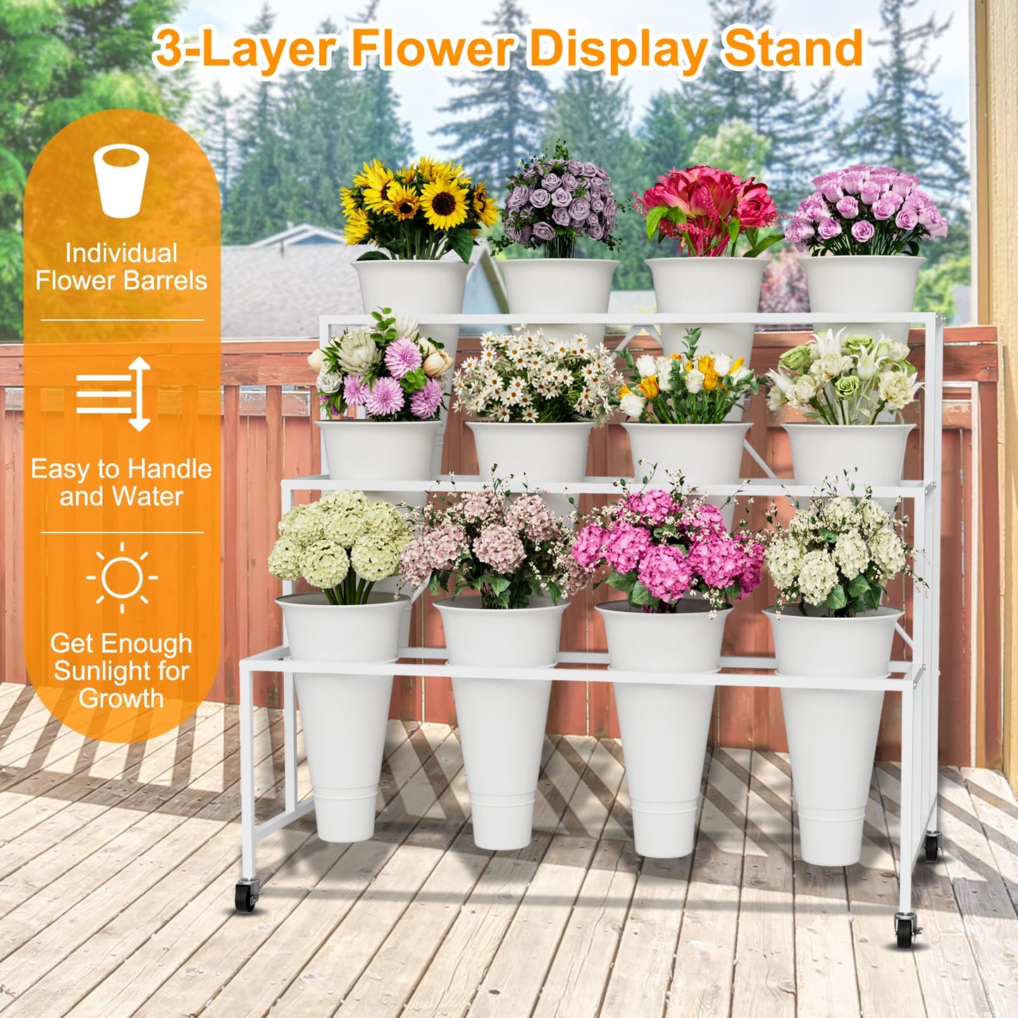 NEYCIL Flower Stand, 3-Tier Flower Display Stand with Buckets for Indoor Outdoor, Flower Cart Display Stand with Wheels for Courtyard, Balcony, Flower Shop, Wedding, Party, Exhibition (White)