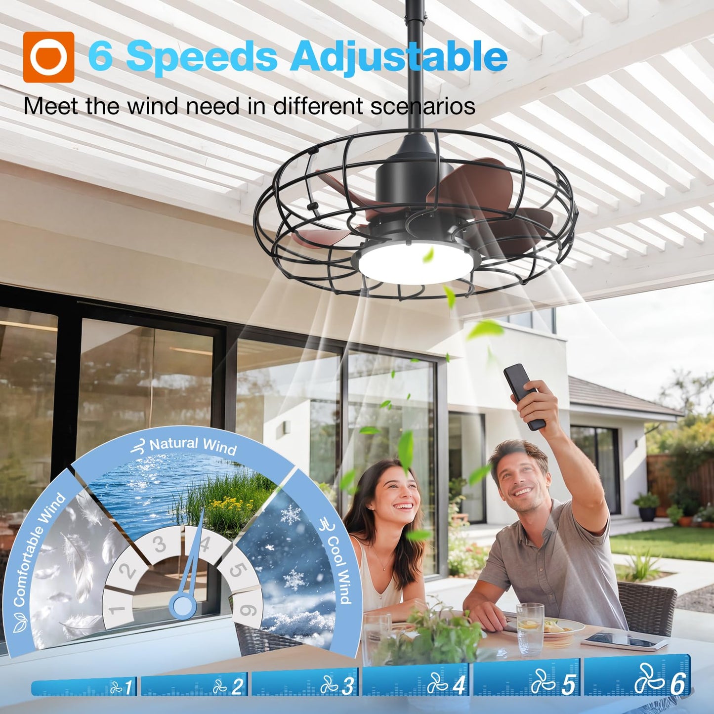 addlon 20 Inch Outdoor Ceiling Fan with Light for Patio, IP65 Waterproof Plug in Caged Hanging Fan, Remote Control, 3 CCT, 6 Speeds Reversible Outdoor Fan for Gazebo, Pergola, Porch